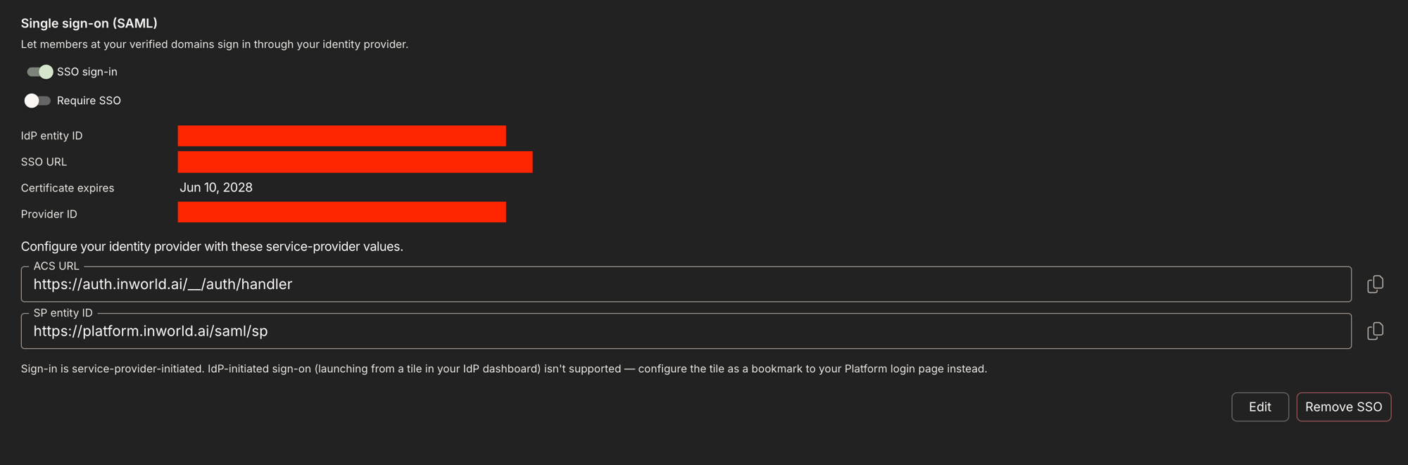 The Single sign-on (SAML) section, showing the SSO sign-in and Require SSO toggles, the configured IdP details with the certificate expiry date, and the ACS URL and SP entity ID to register at the identity provider