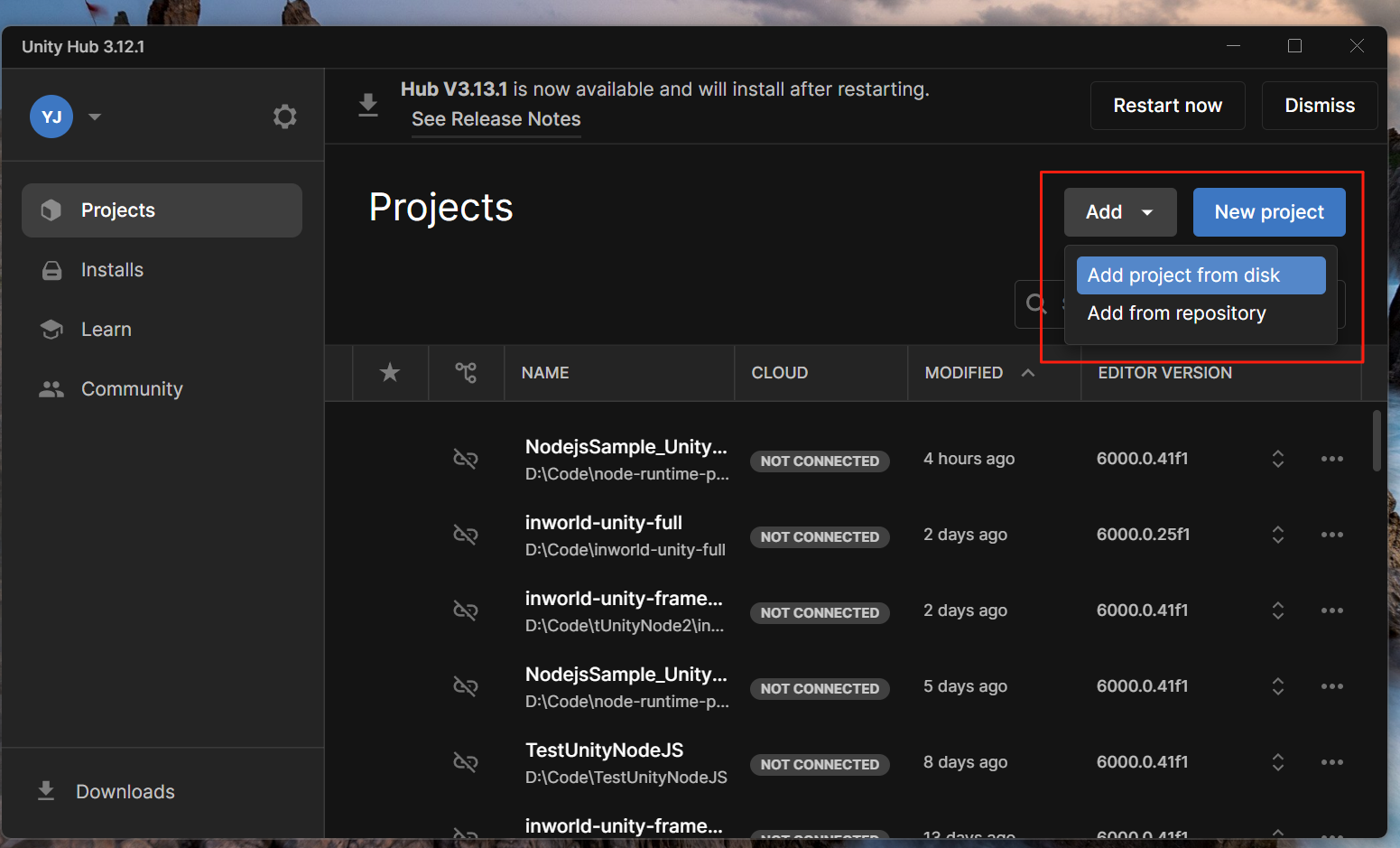 Unity Hub Add Project