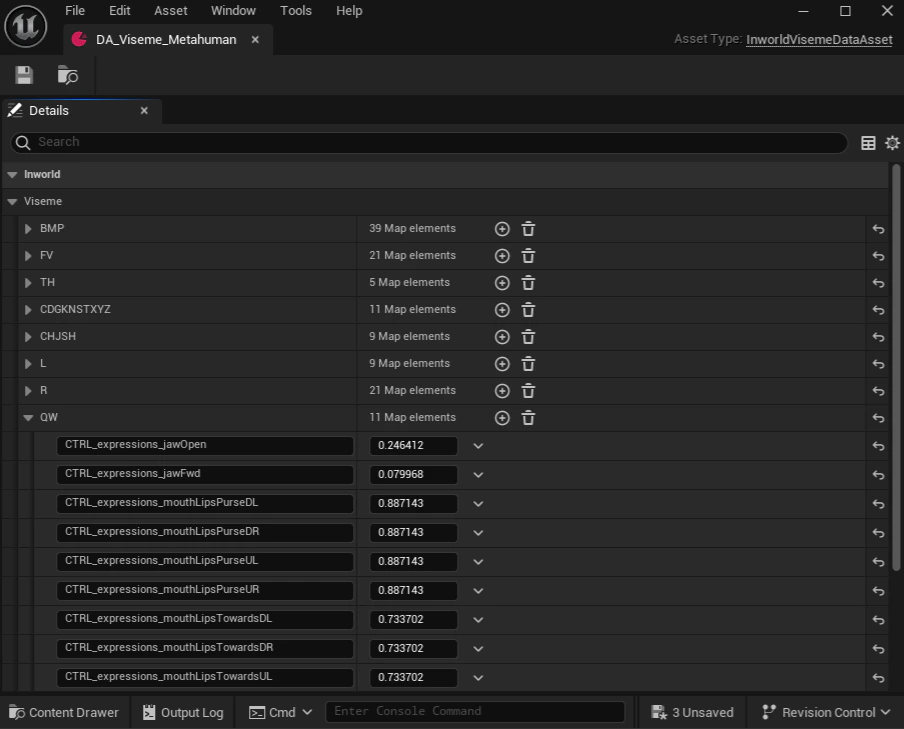 Example UInworldVisemeDataAsset configured for MetaHuman