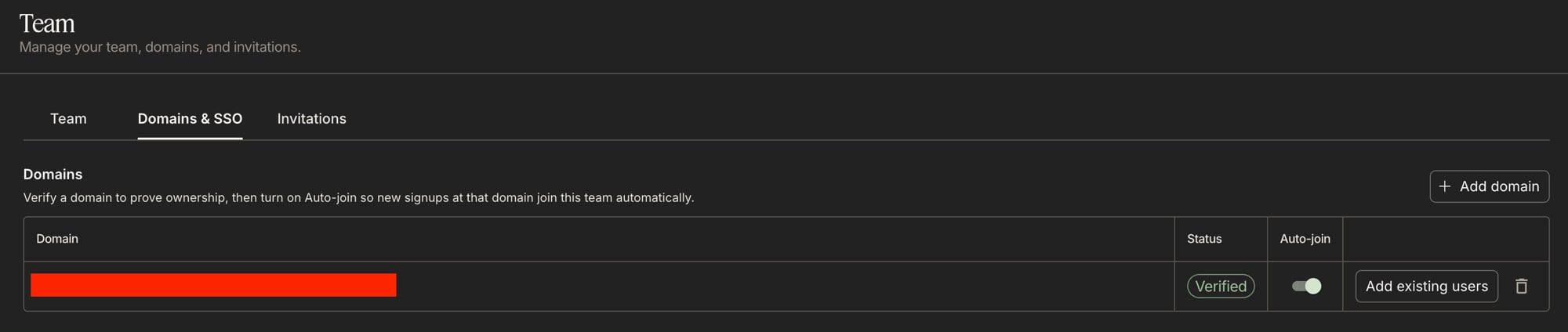 The Domains section of the Domains & SSO tab, showing a verified domain with Auto-join enabled