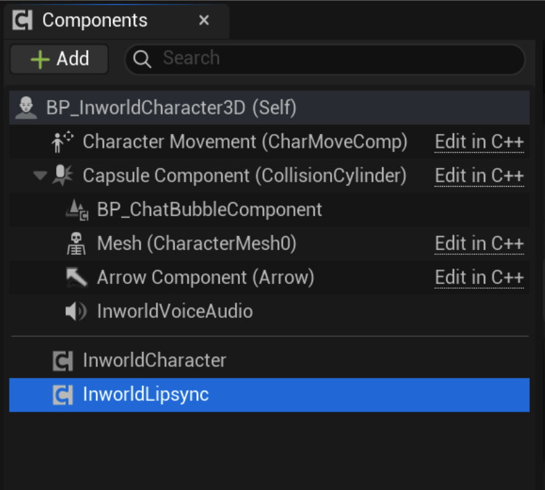 Adding the InworldLipsync component to the character actor
