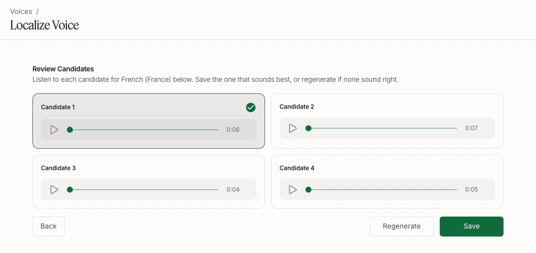 Review candidates screen with multiple localized voice options