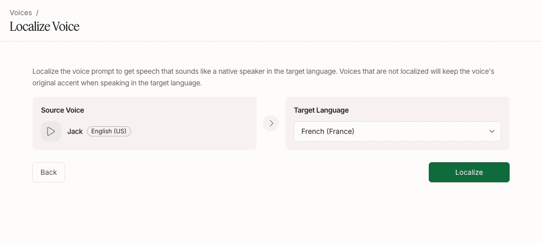 Localize Voice screen with target language dropdown