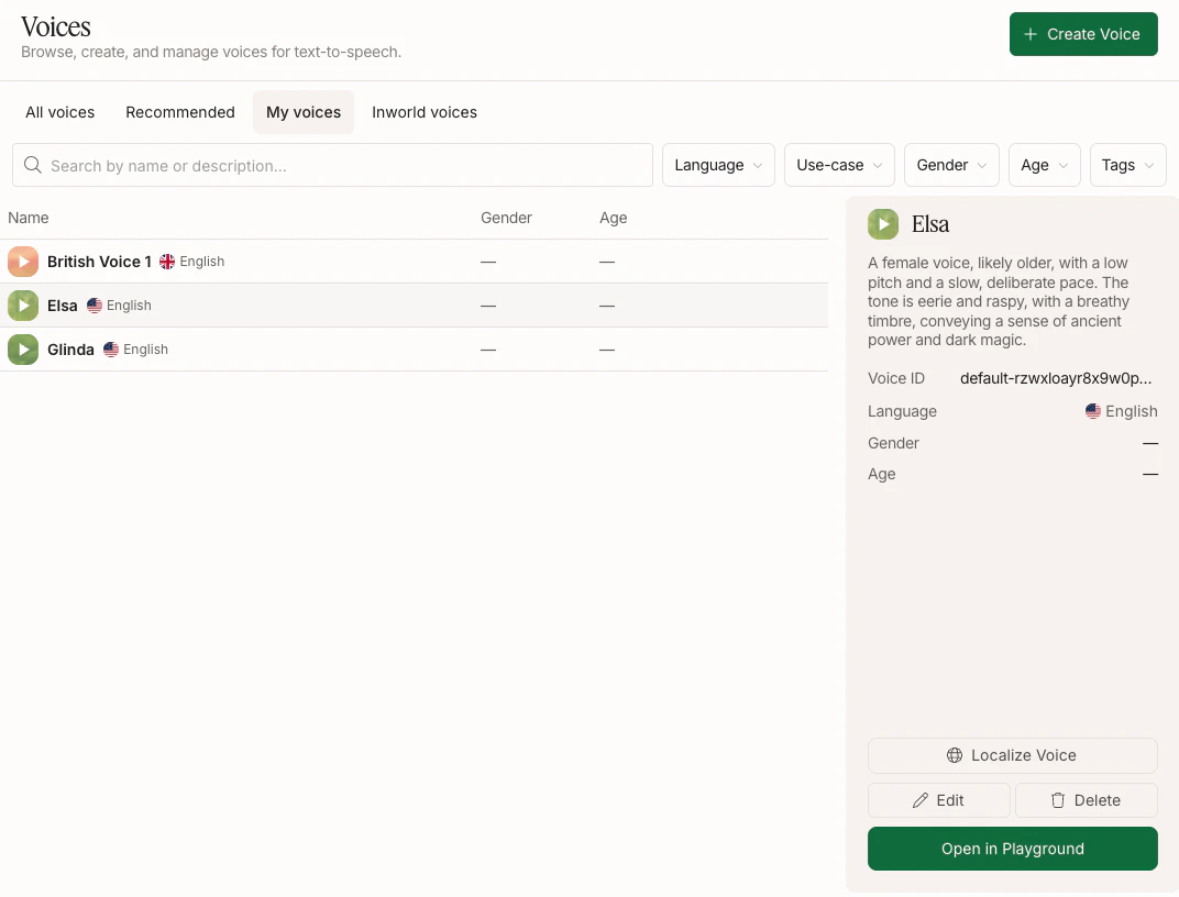 Voices page with Localize Voice action
