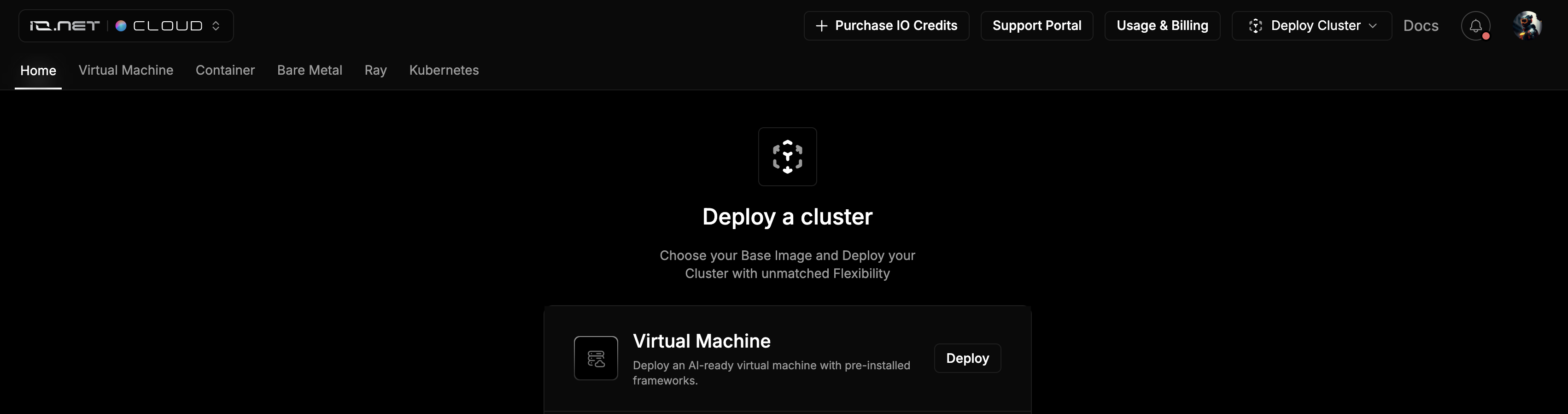 IO Cloud VM Deploy Home Tab Pn