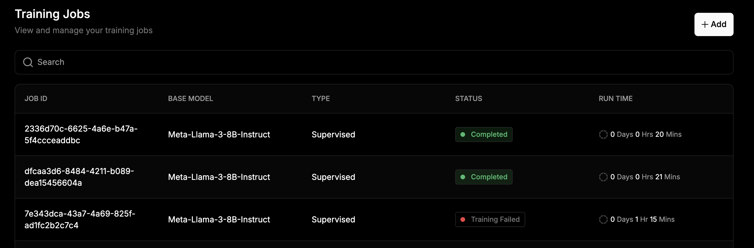 Your Training Jobs table
