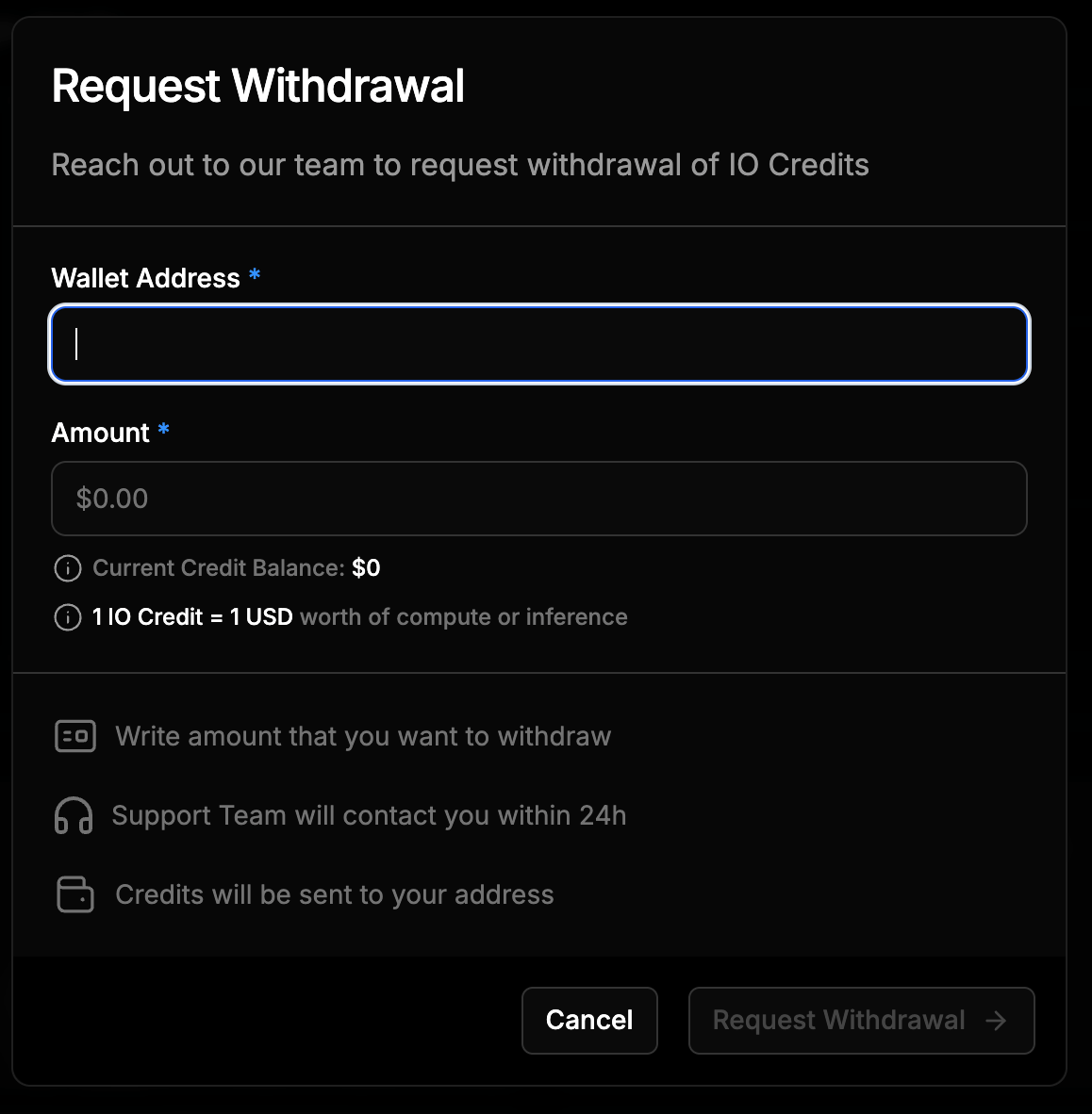 IO Credits Withdrawal Pop Up