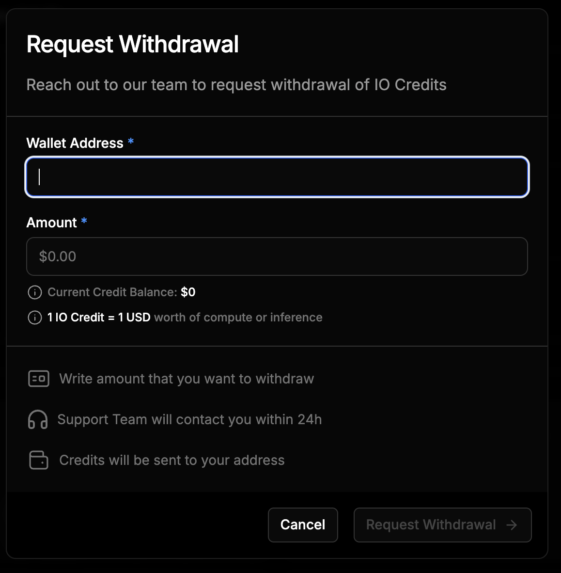 IO Credits Withdrawal Pop Up