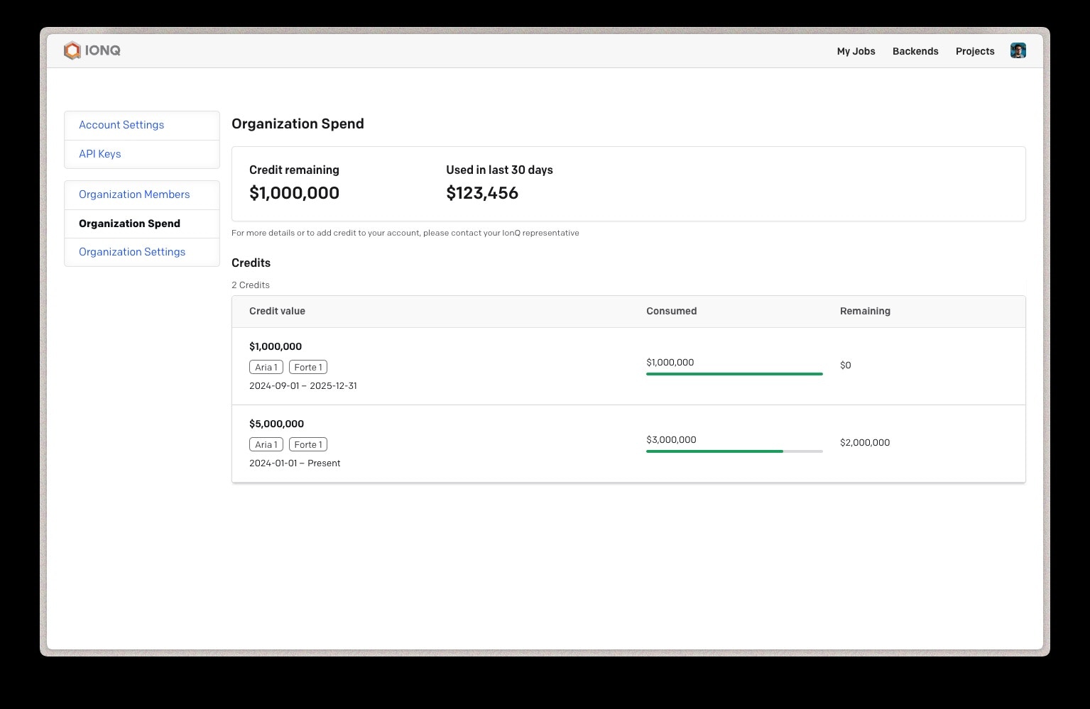 Screenshot of the Organization Settings page, showing the total aggregate spend of the organization and the available budget.