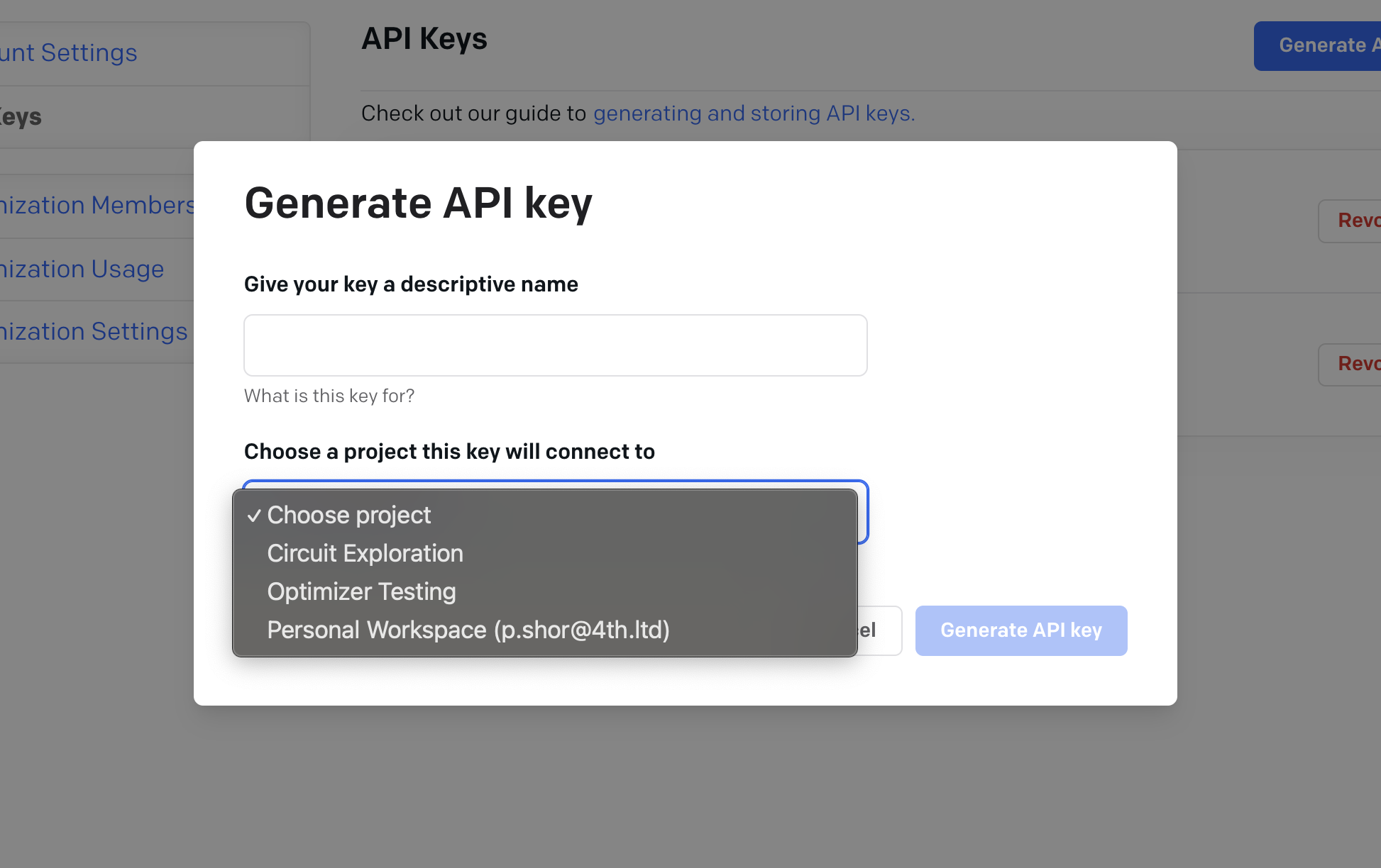 Screenshot of the API key creation process