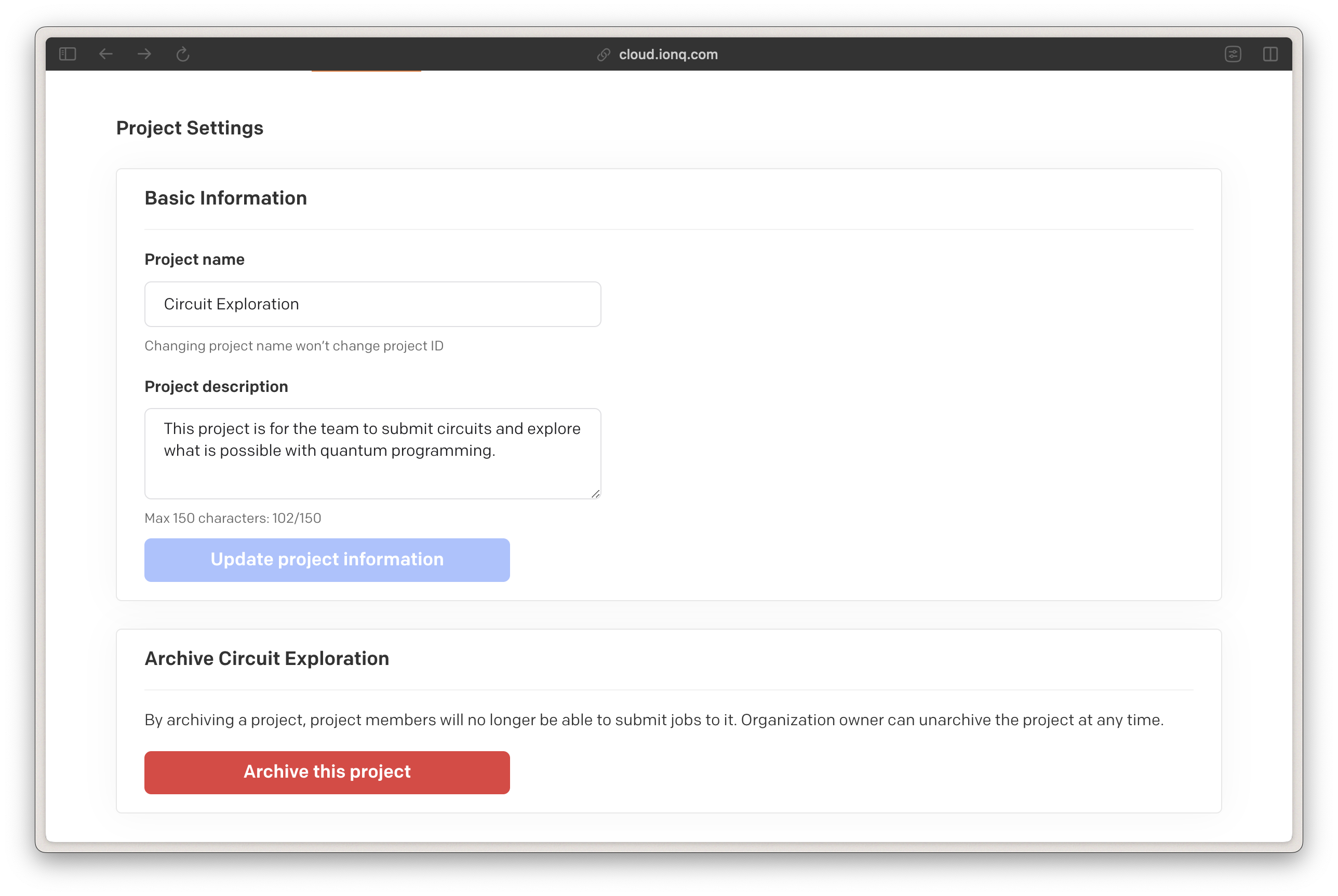 Screenshot of the project settings page