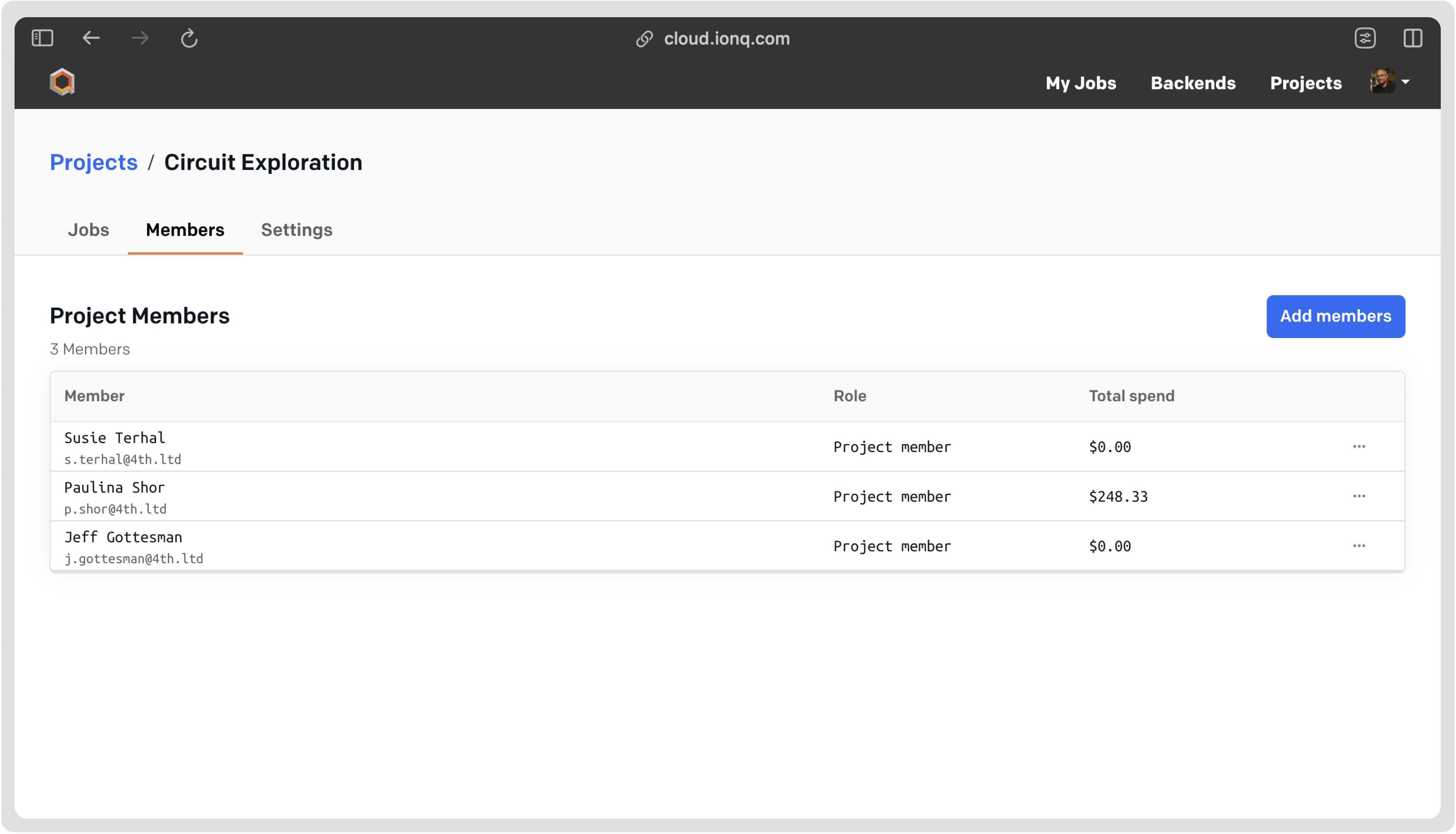 Screenshot of the Project Members tab, showing the spend aggregated per member.