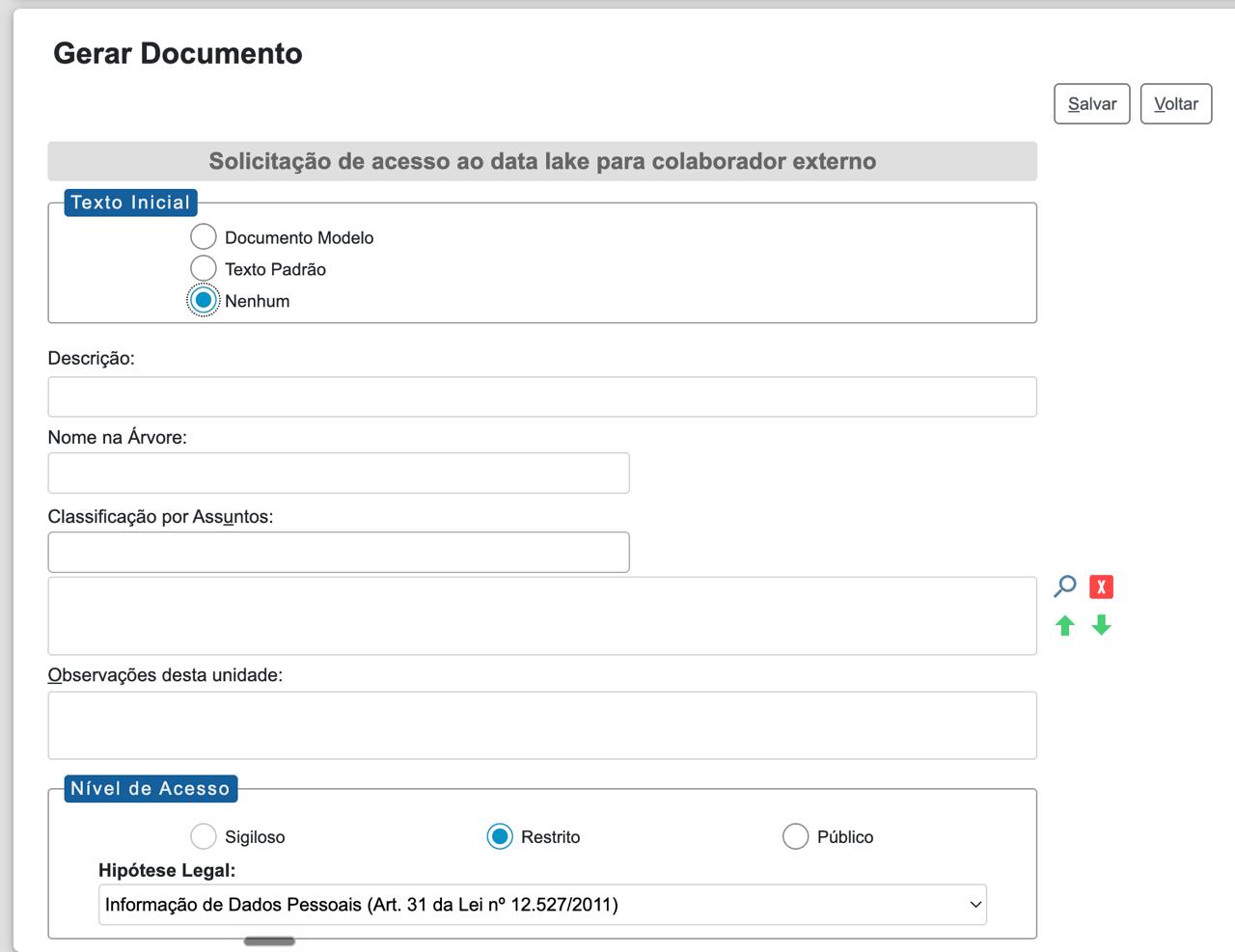 Tela SEI mostrando o formulário de preenchimento do documento com configuração do nível de acesso