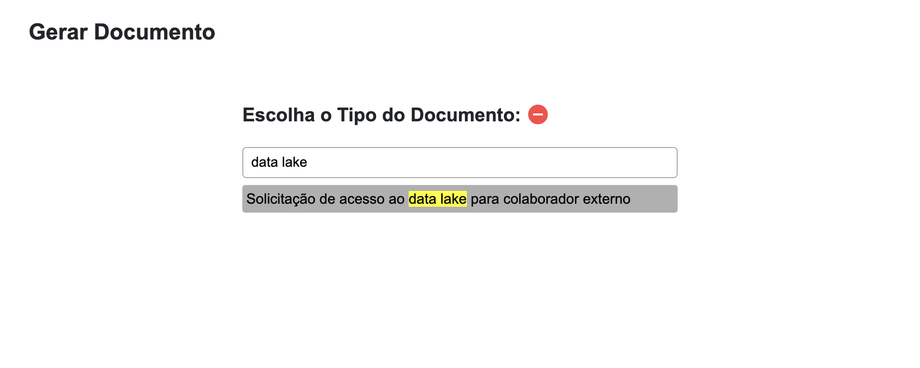 Tela SEI mostrando a seleção do tipo de documento com 'Solicitação de acesso ao data lake para colaborador externo'