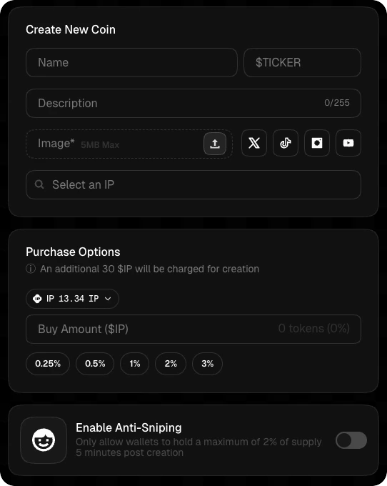 Create New Coin form — name, ticker, description, image, socials, purchase options, and anti-snipe toggle