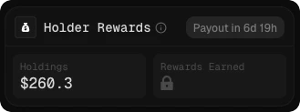 Holder Rewards widget on a token page — holdings, payout timer, and rewards earned