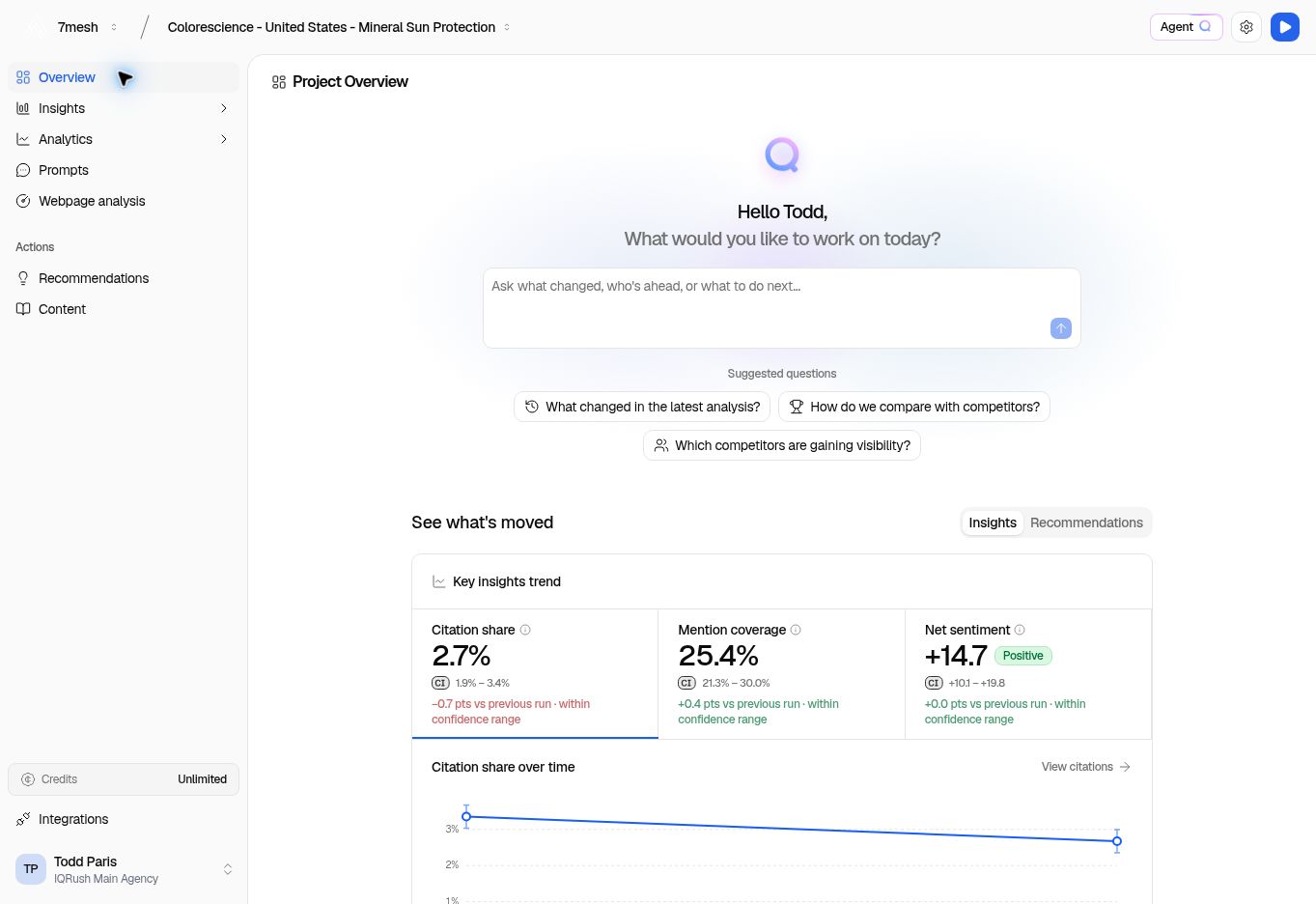Colorescience project overview with project selectors, navigation, and result cards.