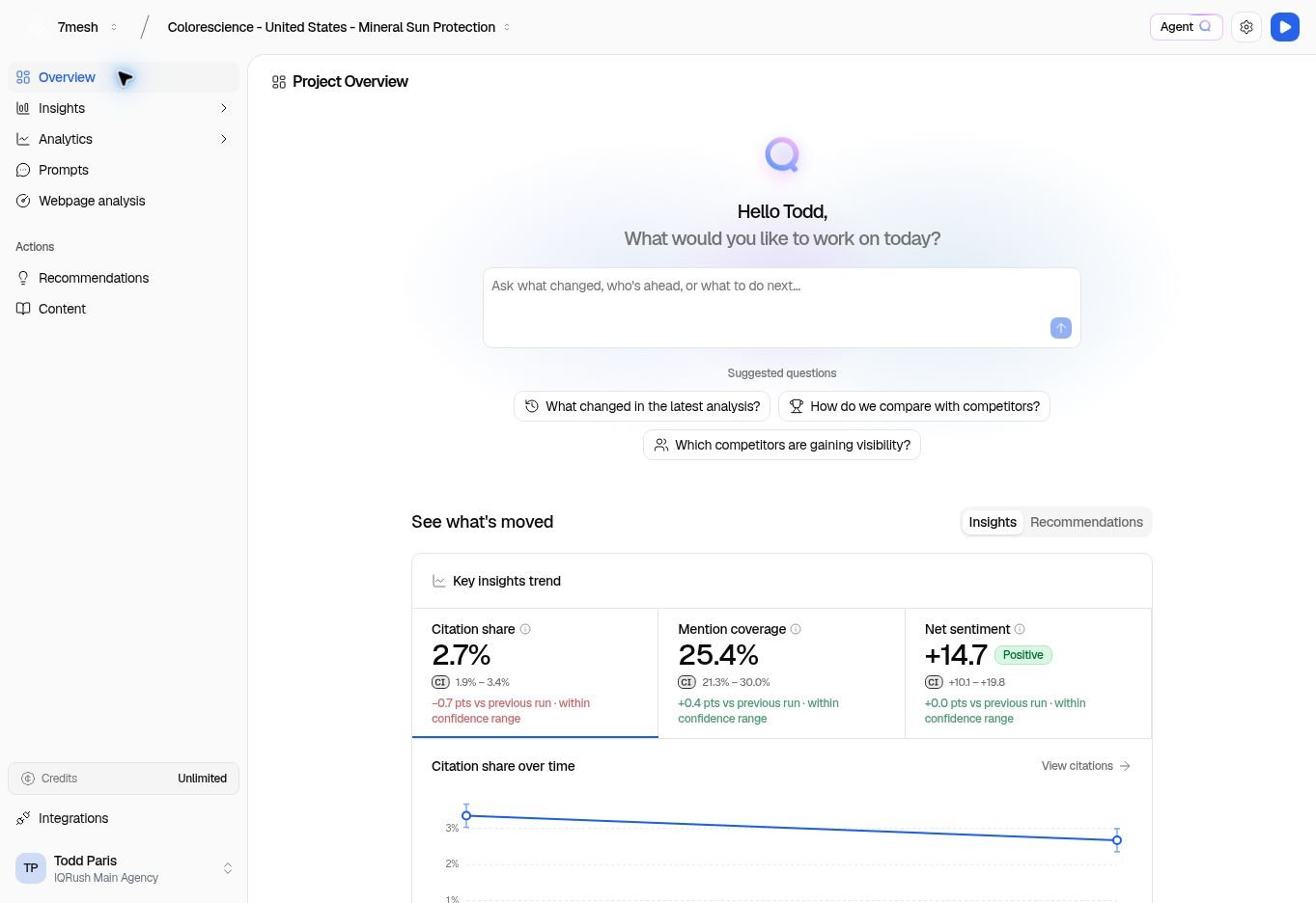 Colorescience project overview with project selectors, navigation, and result cards.