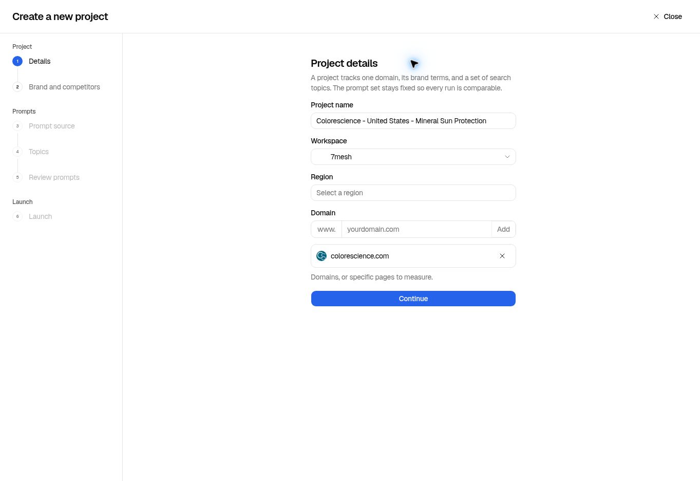 Project details showing Colorescience as the project name and an added domain.