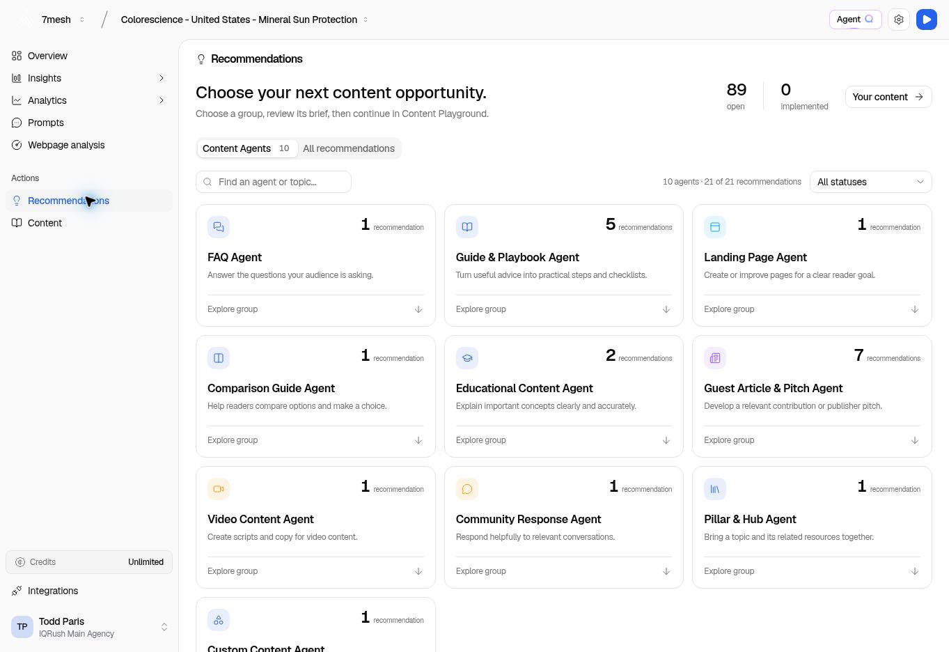 Content Agents with ten content-format groups in the Colorescience project.