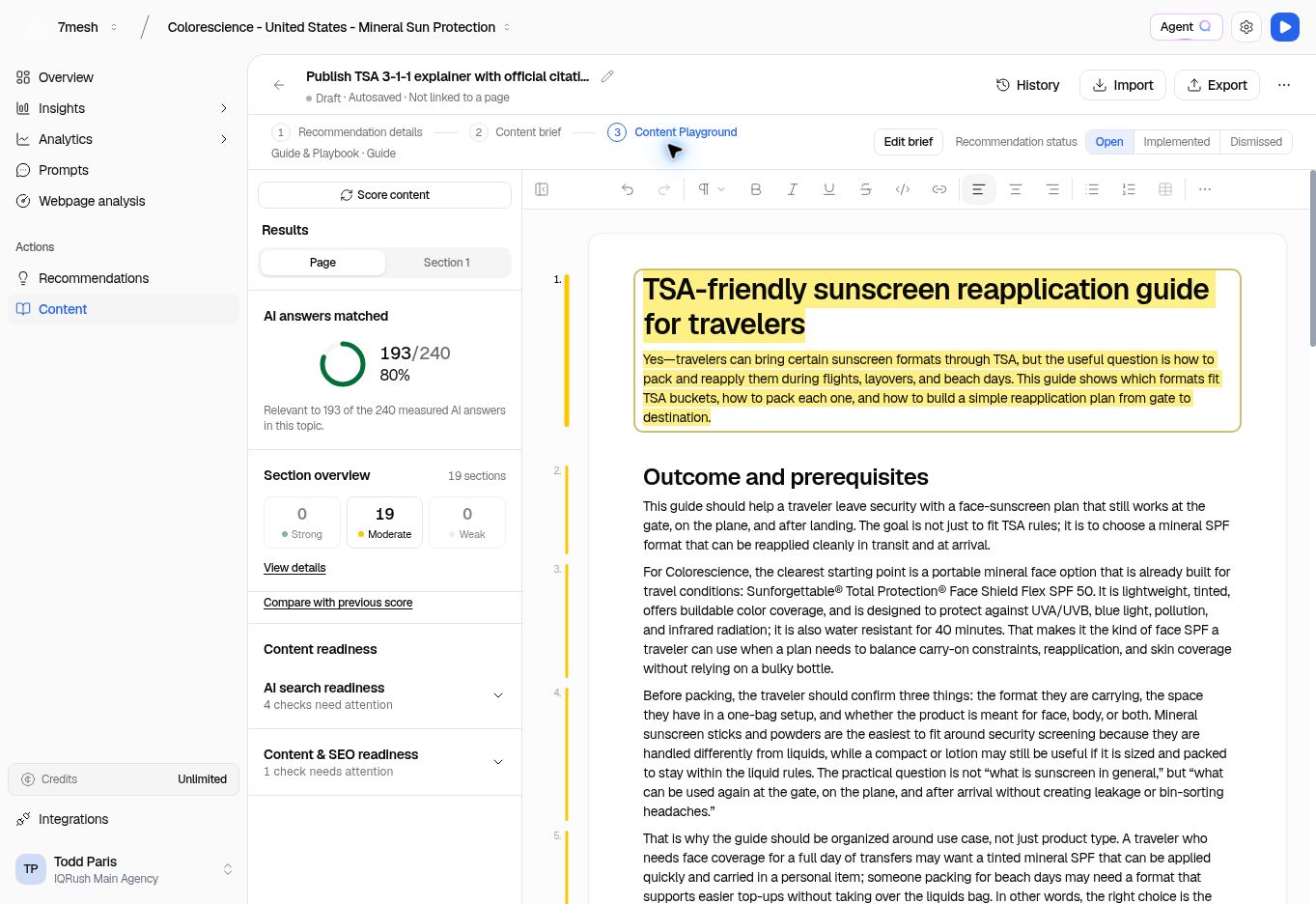 Content Playground with a saved Colorescience draft, analysis on the left, and the editor on the right.