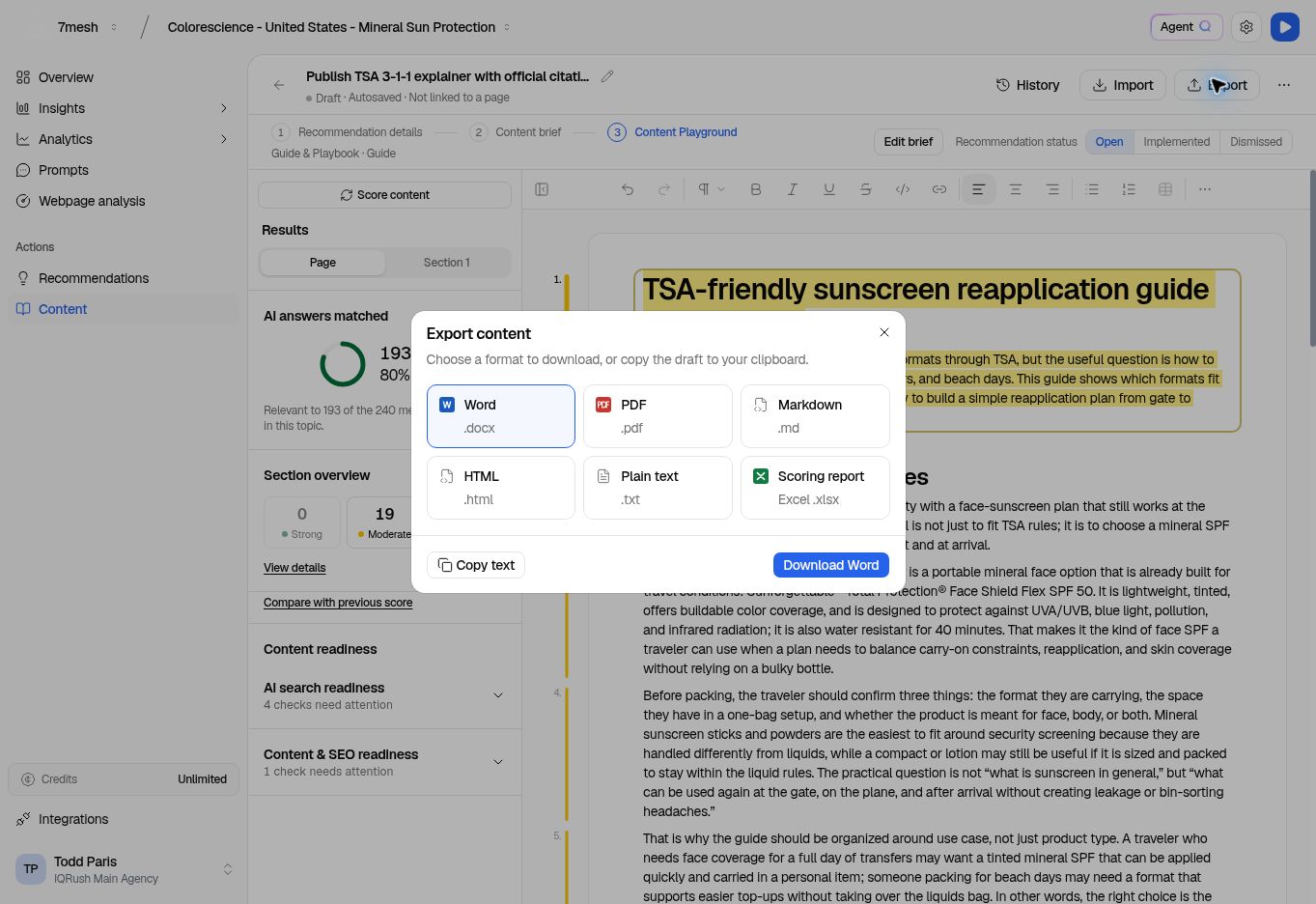 Export dialog with Word, PDF, Markdown, HTML, plain text, and scoring report options.