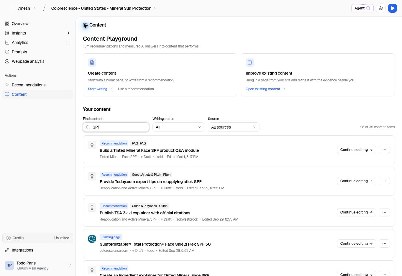Content library filtered by SPF, with writing-status and source filters.