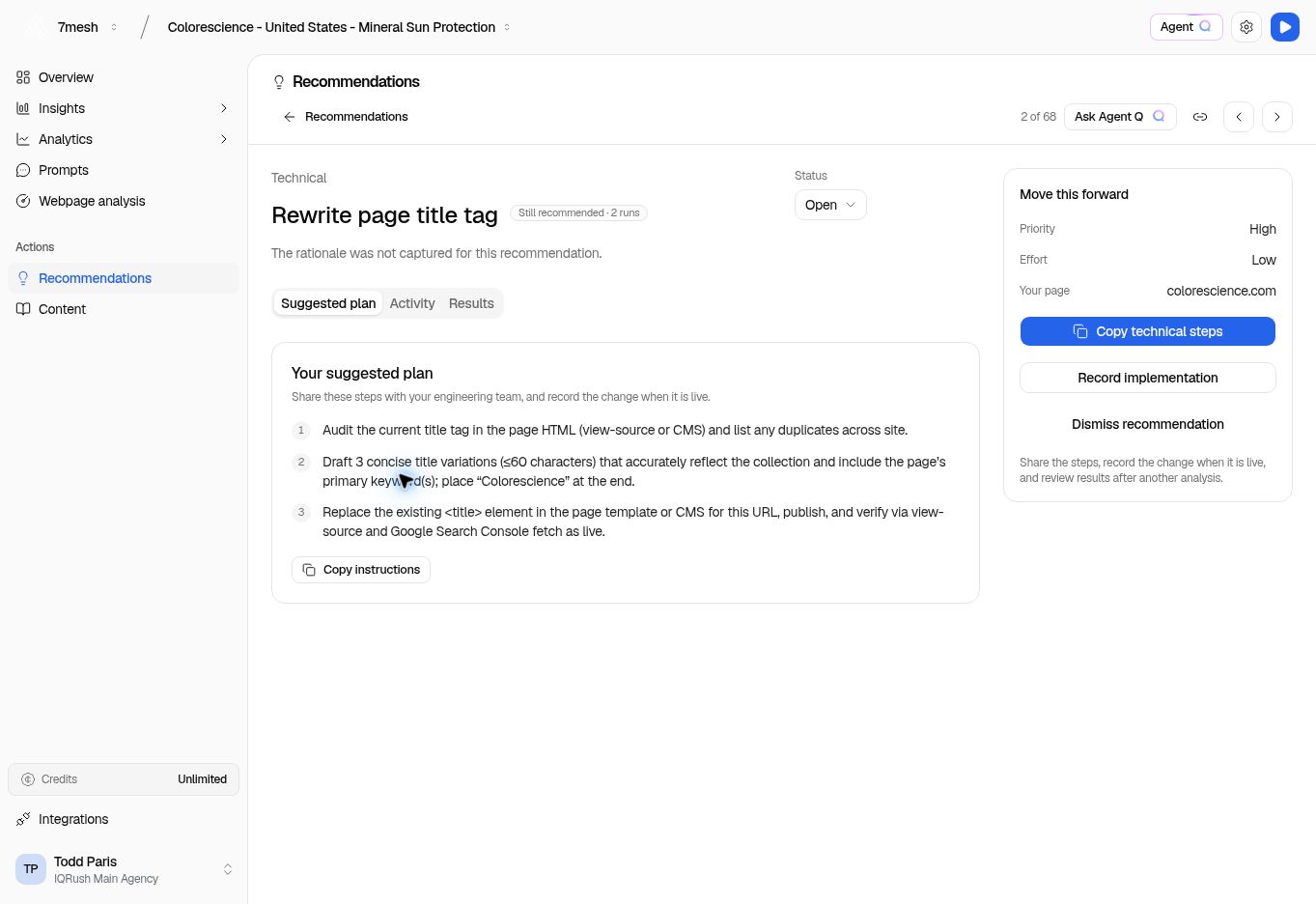 Technical recommendation detail for Rewrite page title tag, with instructions and completion controls.