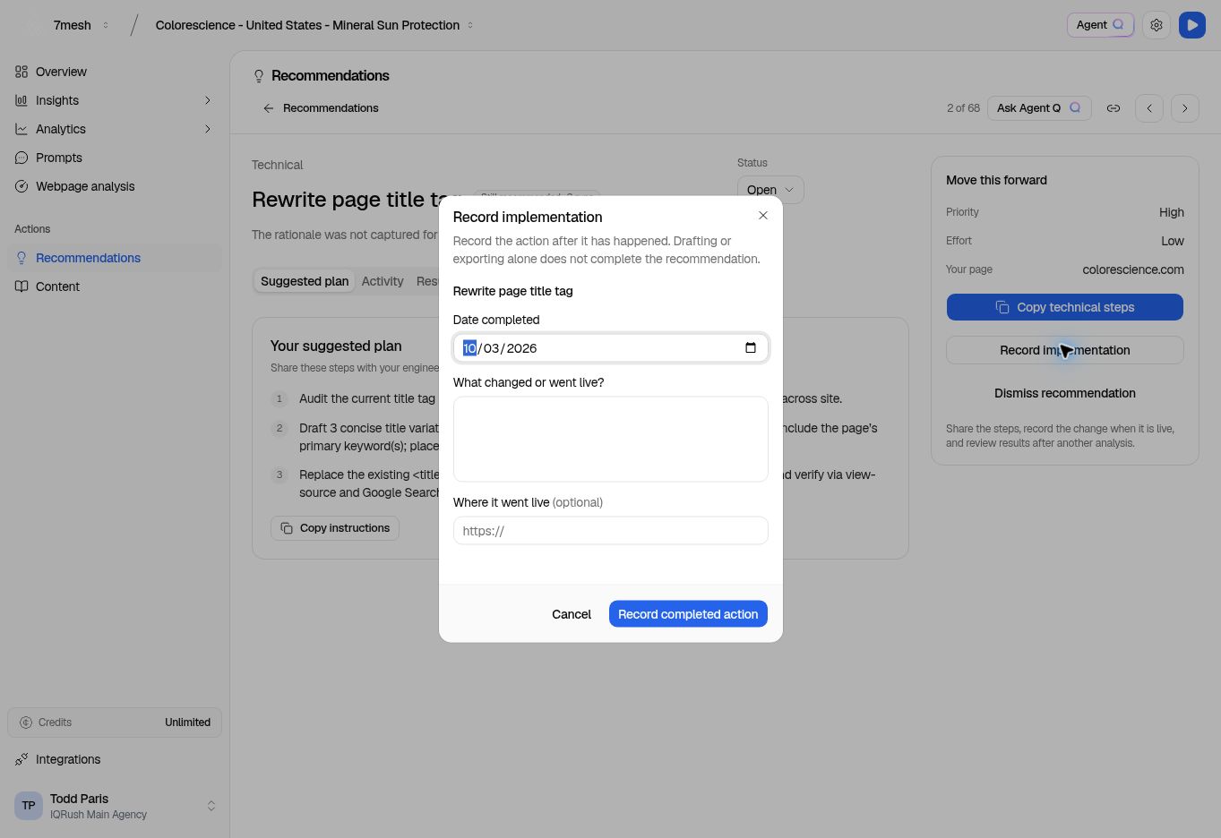 Record implementation dialog with the date, completed action, and optional live URL.