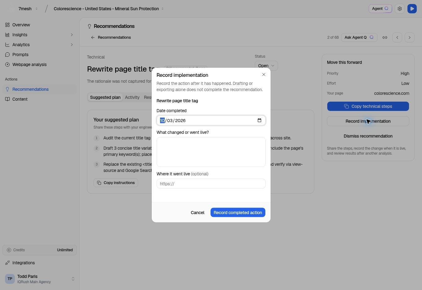 Record implementation dialog with the date, completed action, and optional live URL.