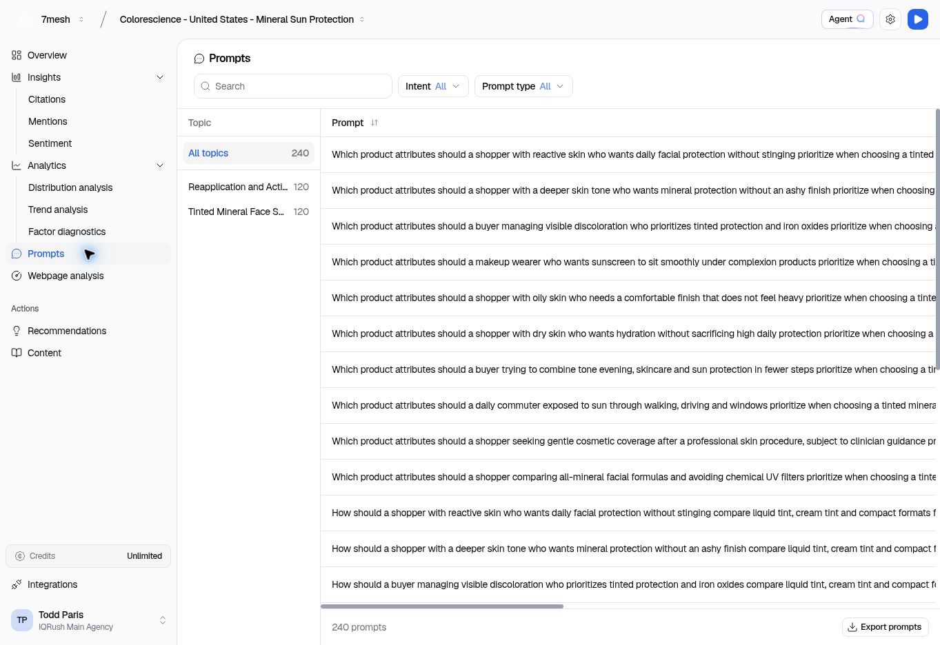 The Prompts page with a topic list, search, filters, and Export prompts.