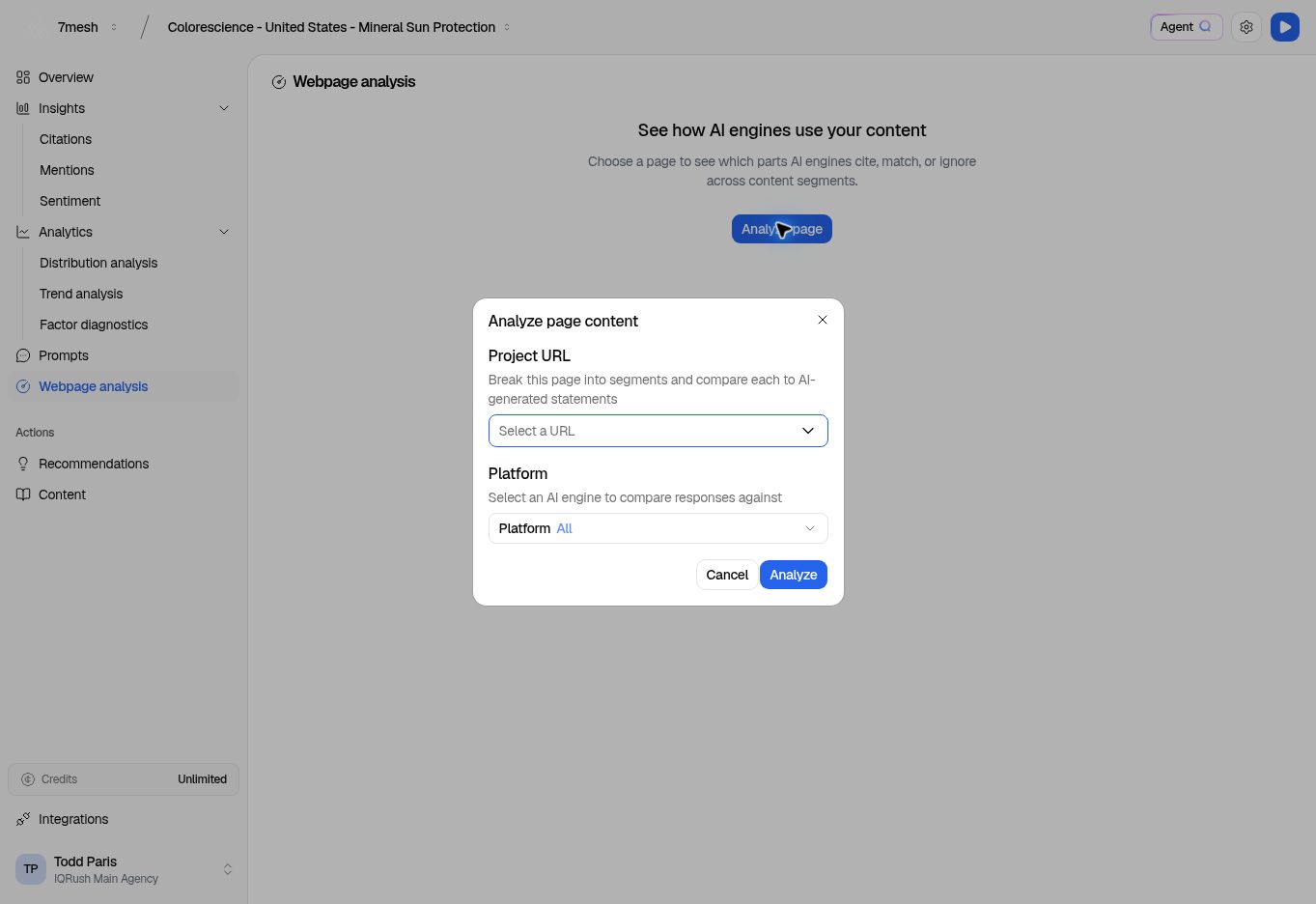 Analyze page content dialog with Project URL and Platform.