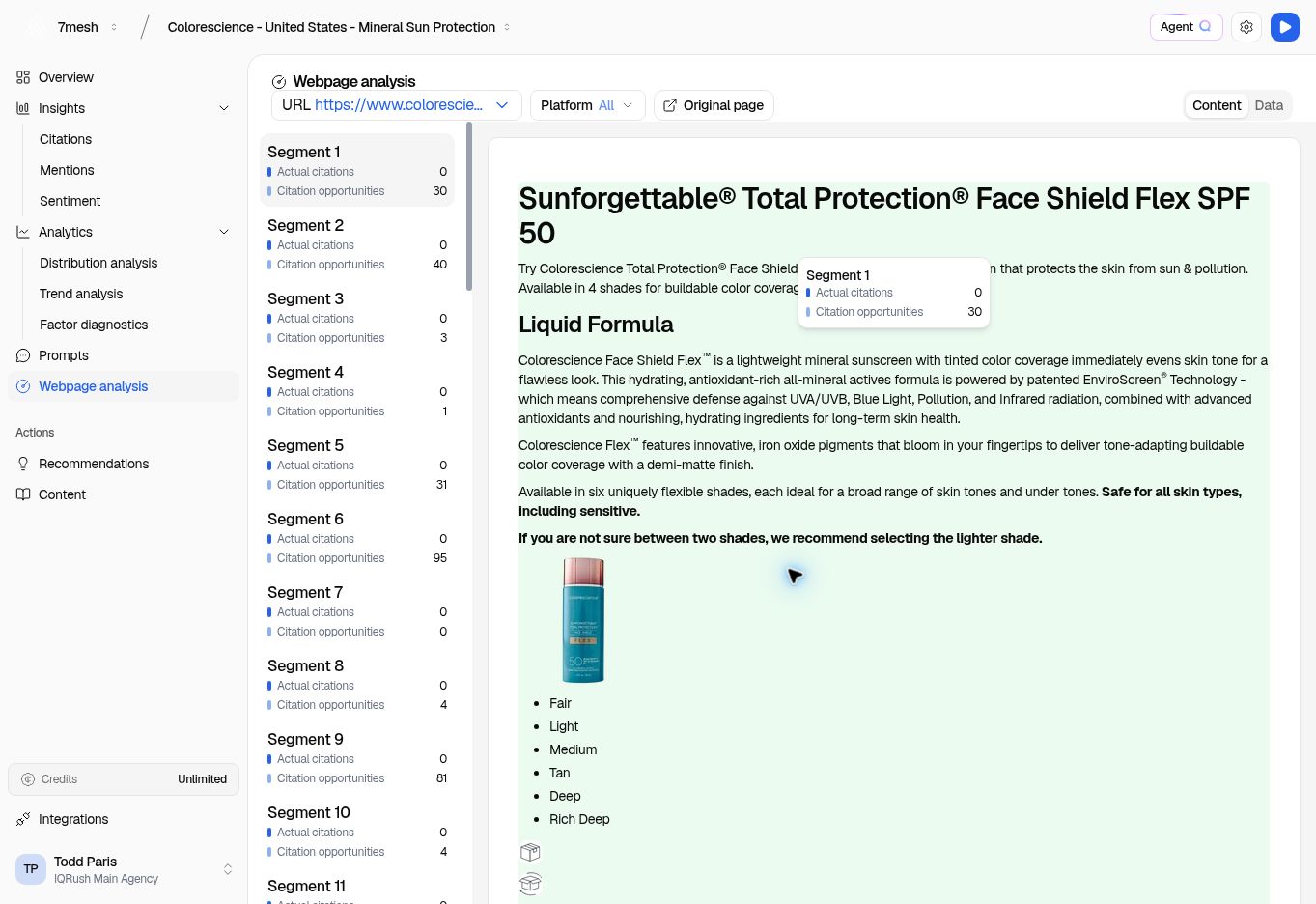 Colorescience Face Shield Flex page in Webpage analysis with segment-level counts.