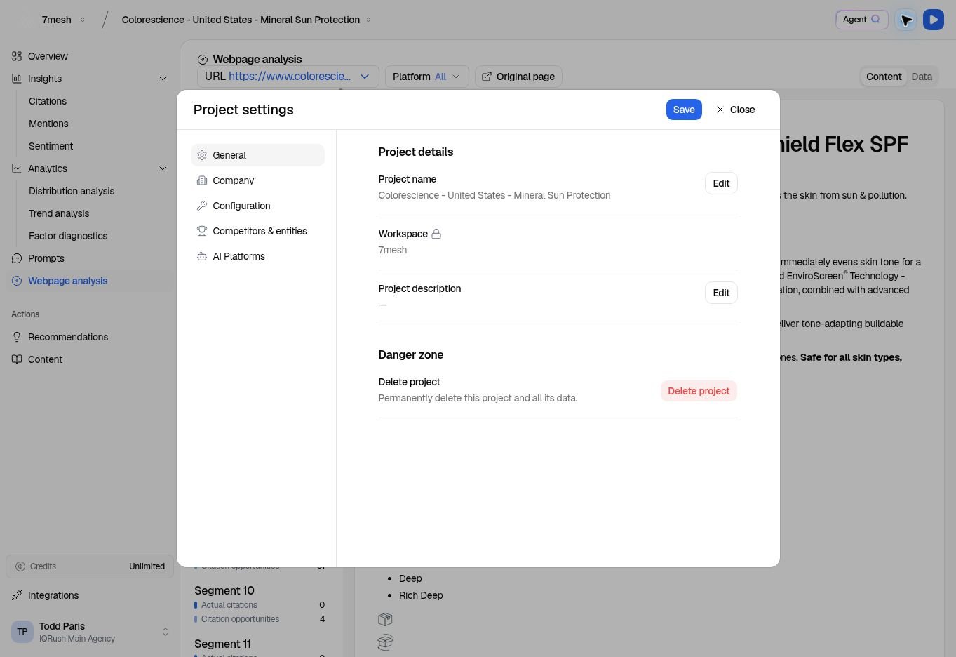 Project settings showing General and the available settings sections.