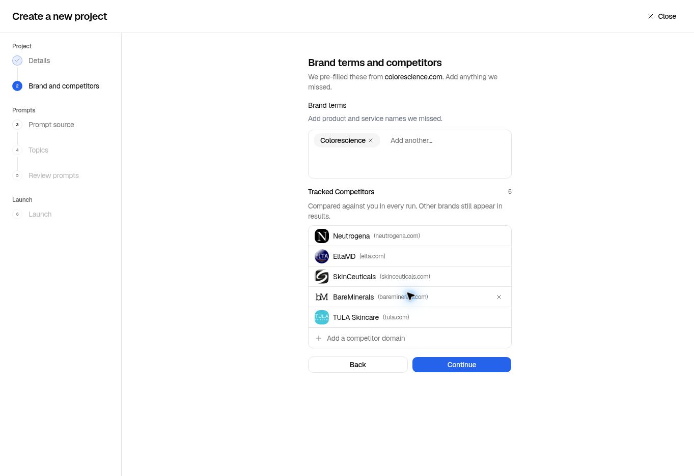 Brand terms and competitors with editable terms and competitor domains.