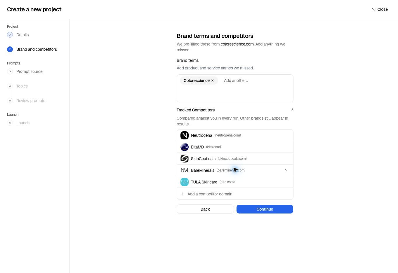 Brand terms and competitors with editable terms and competitor domains.