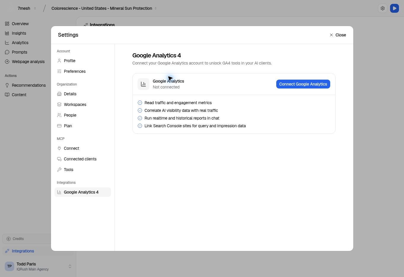 Google Analytics 4 settings showing Not connected and Connect Google Analytics.