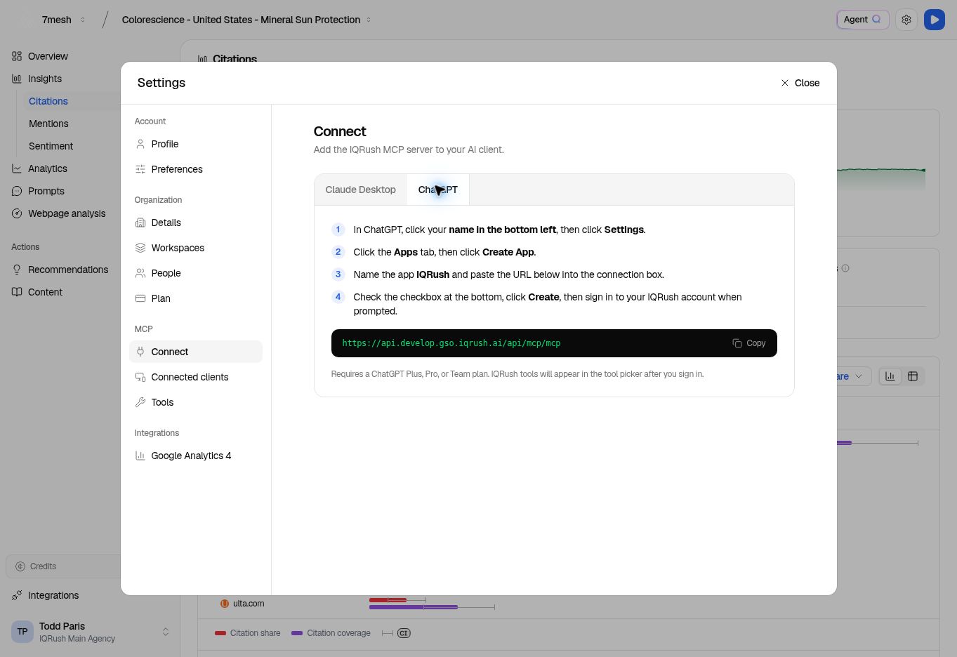 IQRush Settings showing MCP Connect with ChatGPT selected and the Copy control for the connection URL.