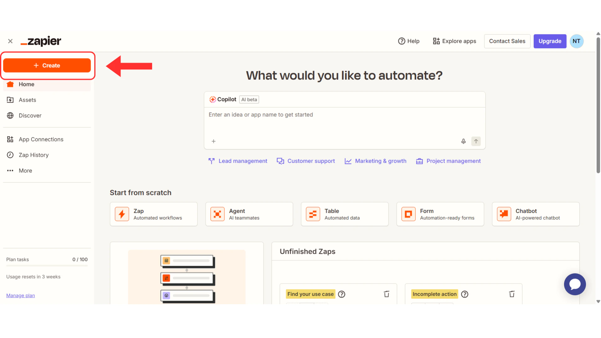 Zapier dashboard with Create button highlighted
