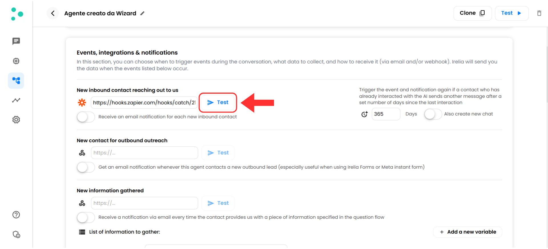 Irelia.ai Zapier integration guide, Step 3 - Test the Connection, Send test data from Irelia. Same New inbound contact reaching out to us webhook field in Irelia with the blue Test button outlined in red and a red arrow pointing to it, ready to be clicked. Clicking this button sends a sample data packet from Irelia to the Zapier webhook URL just configured.