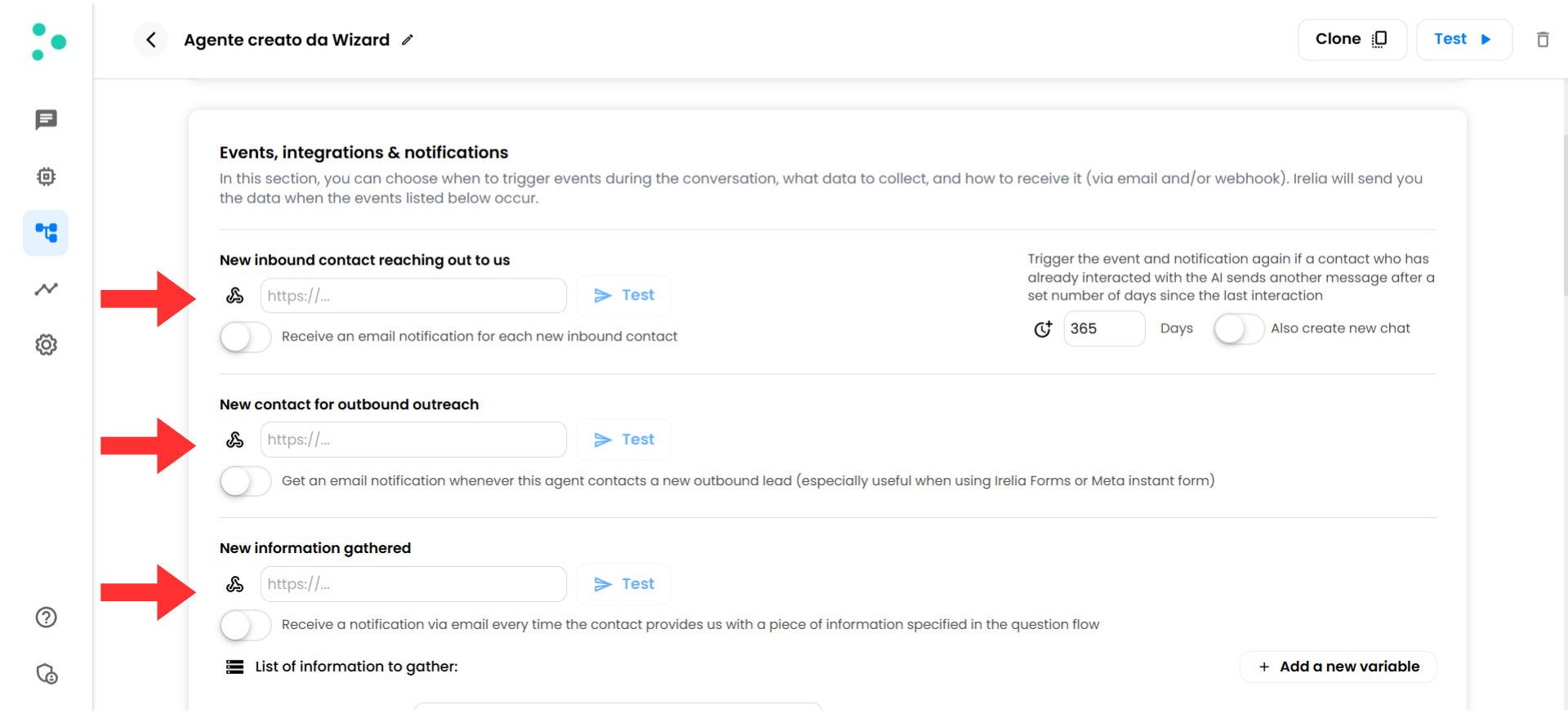 Irelia.ai Zapier integration guide, Step 2 - Tell Irelia Where to Send Notifications, Configure your webhook. Events, integrations and notifications panel listing three events, each with its own https URL field and Test button, New inbound contact reaching out to us, New contact for outbound outreach, and New information gathered, all three URL fields marked with red arrows. This shows the reader the events available and where each one needs its own webhook URL pasted in.