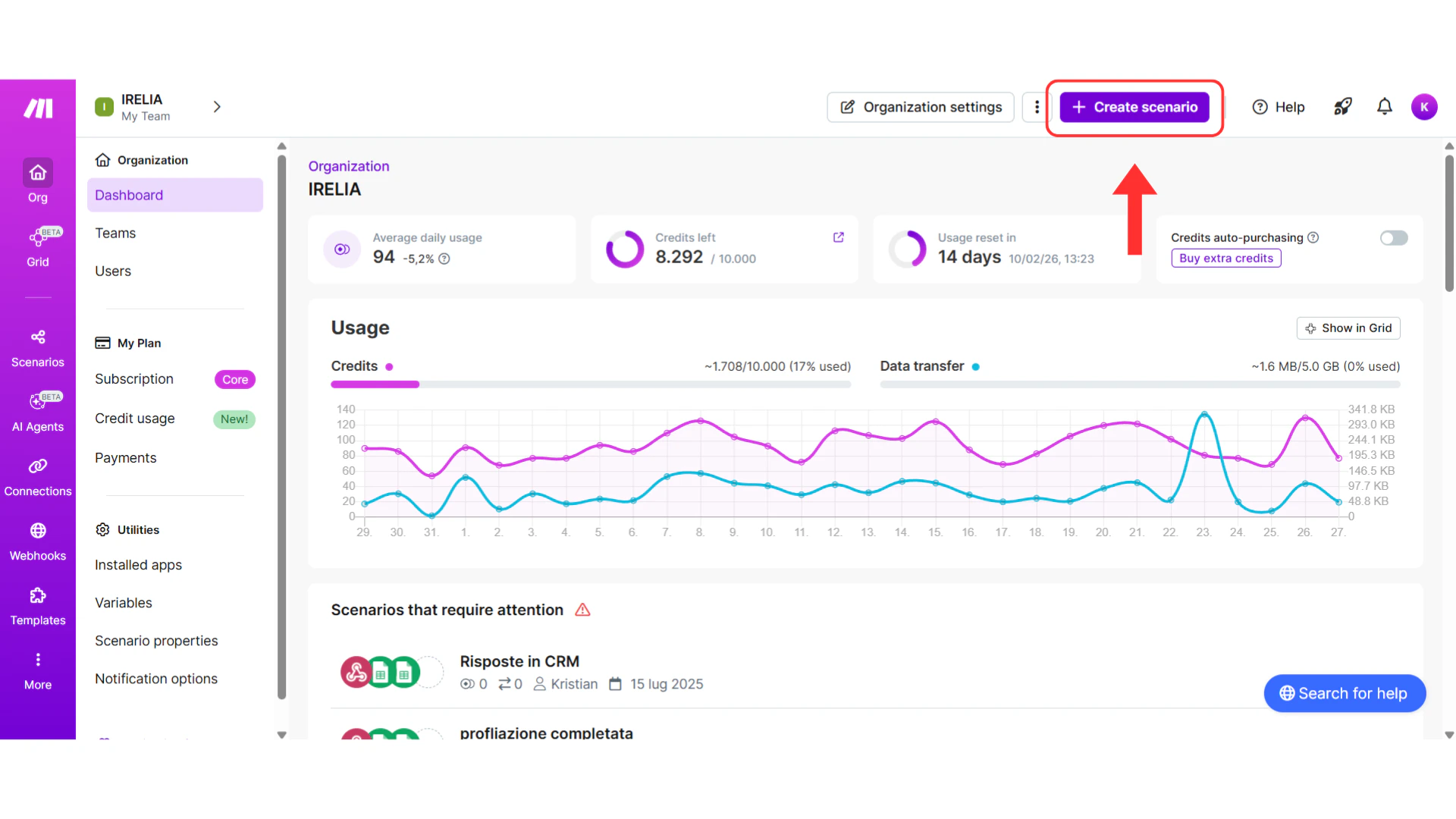 Make.com dashboard showing Create a new scenario button