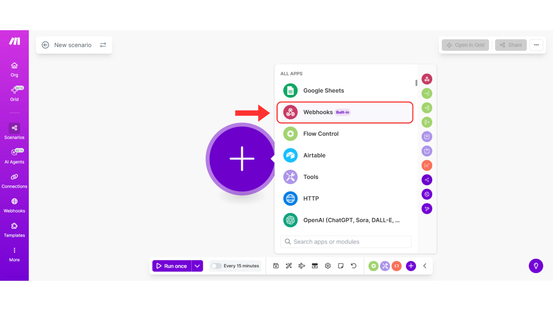 Module search showing webhooks option