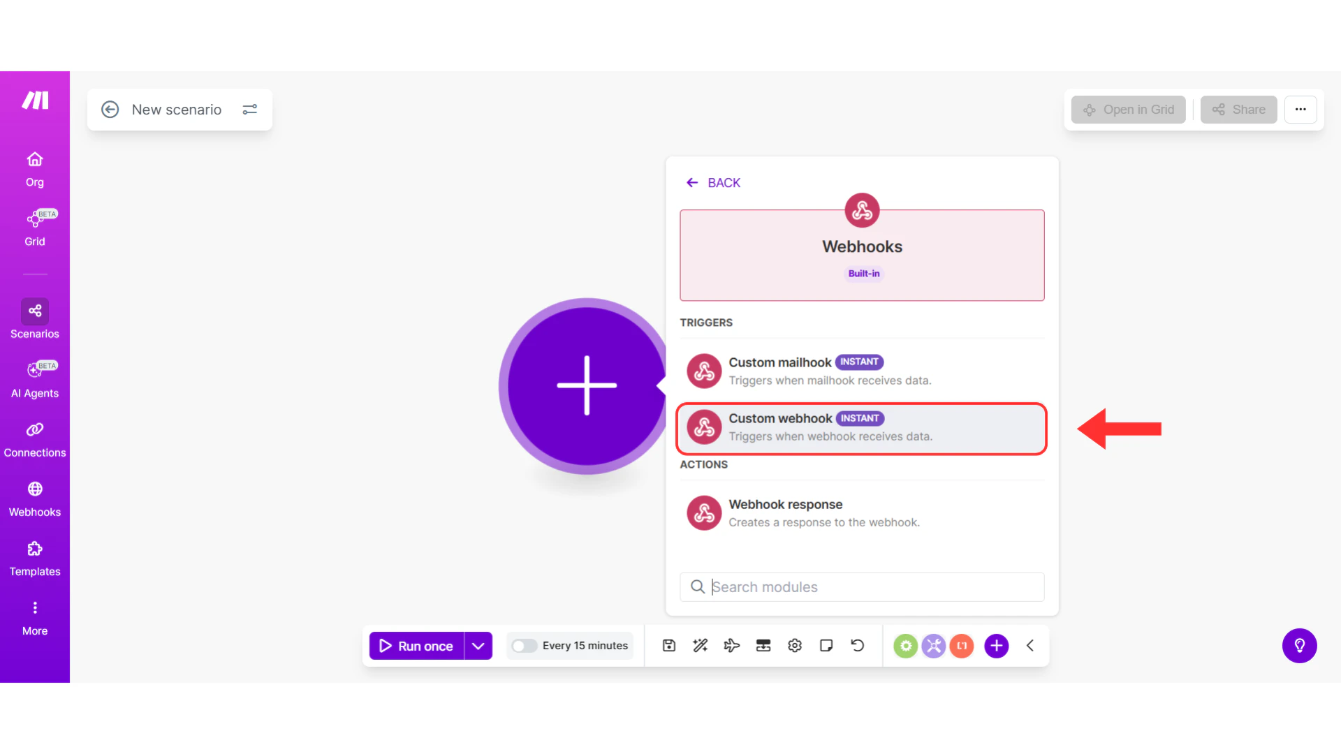 Webhook triggers list with Custom webhook highlighted