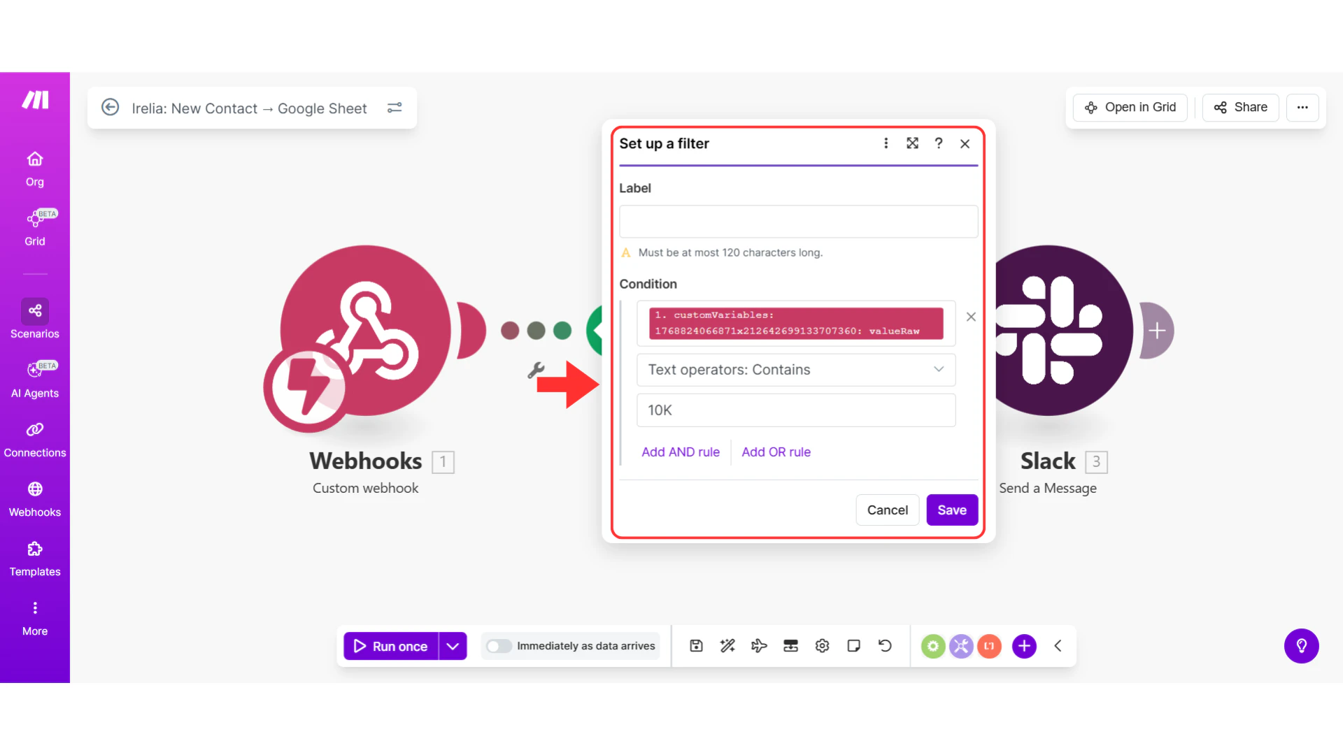 Make.com filter configuration panel