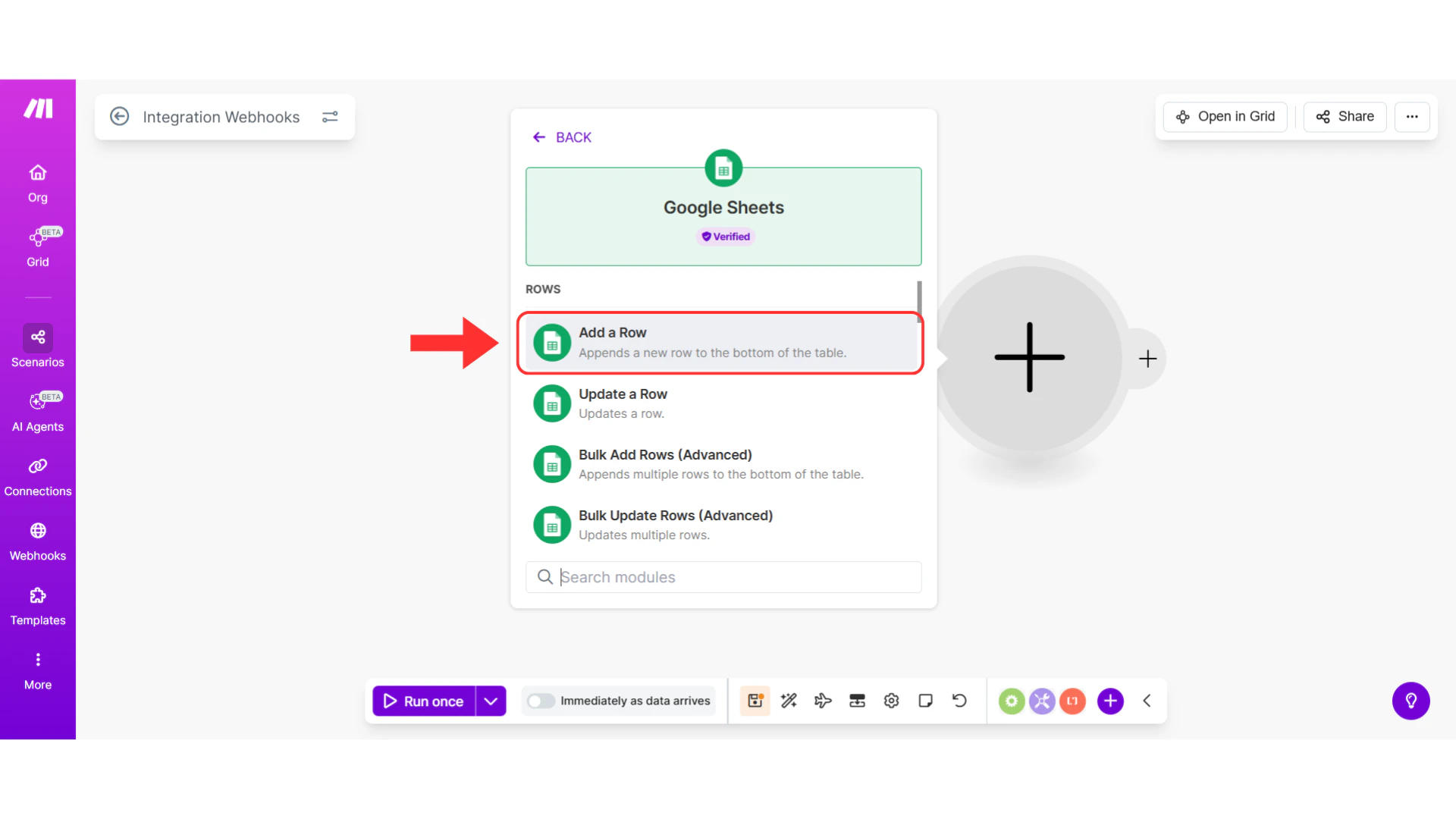 Google Sheets actions list with Add a Row highlighted