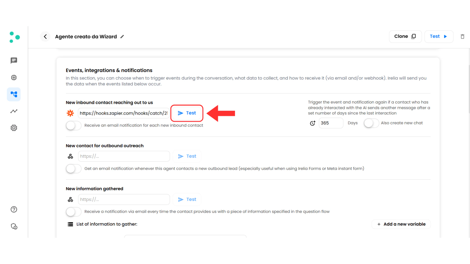Event row with Test button