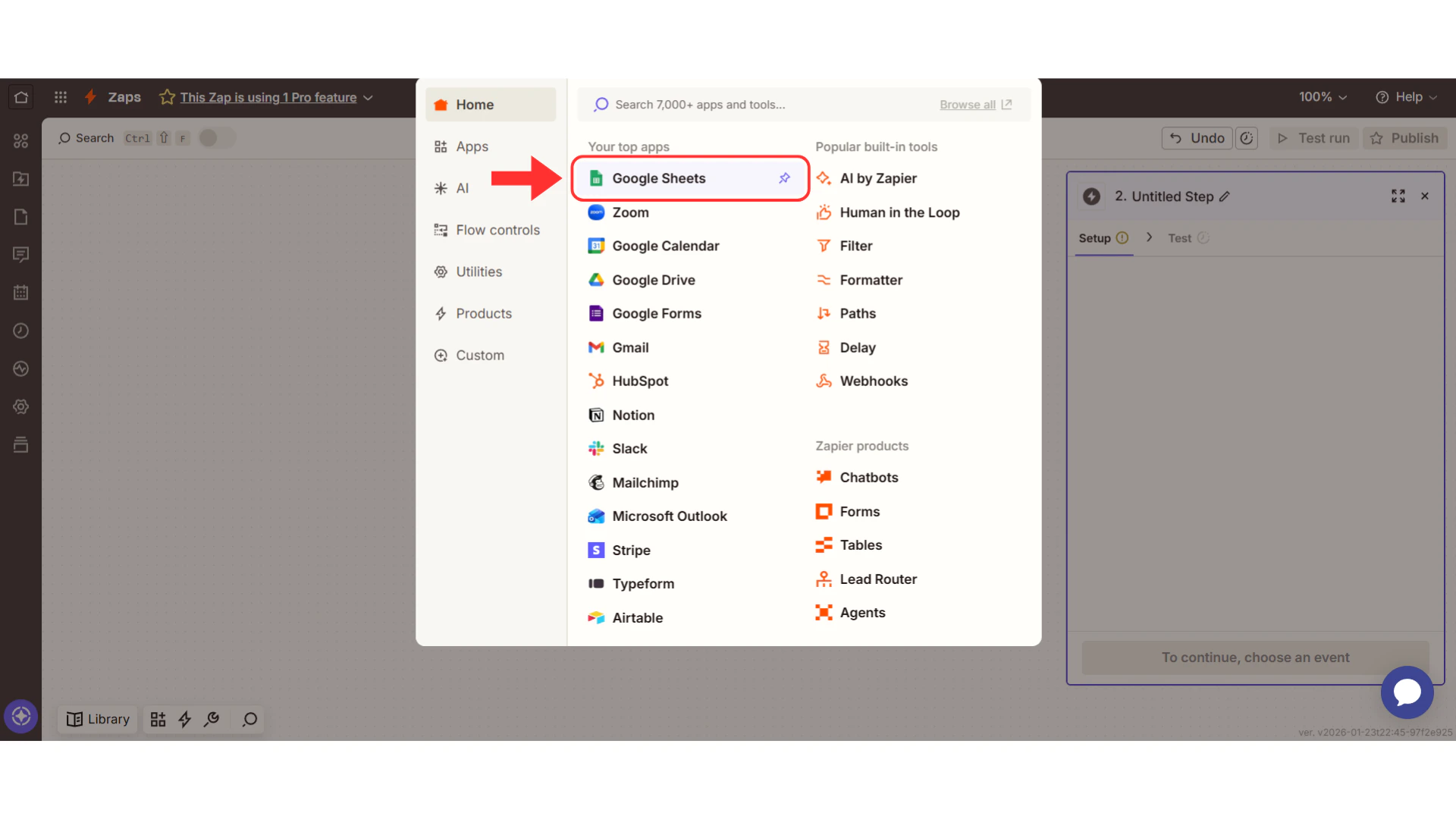 Google Sheets being selected from app list