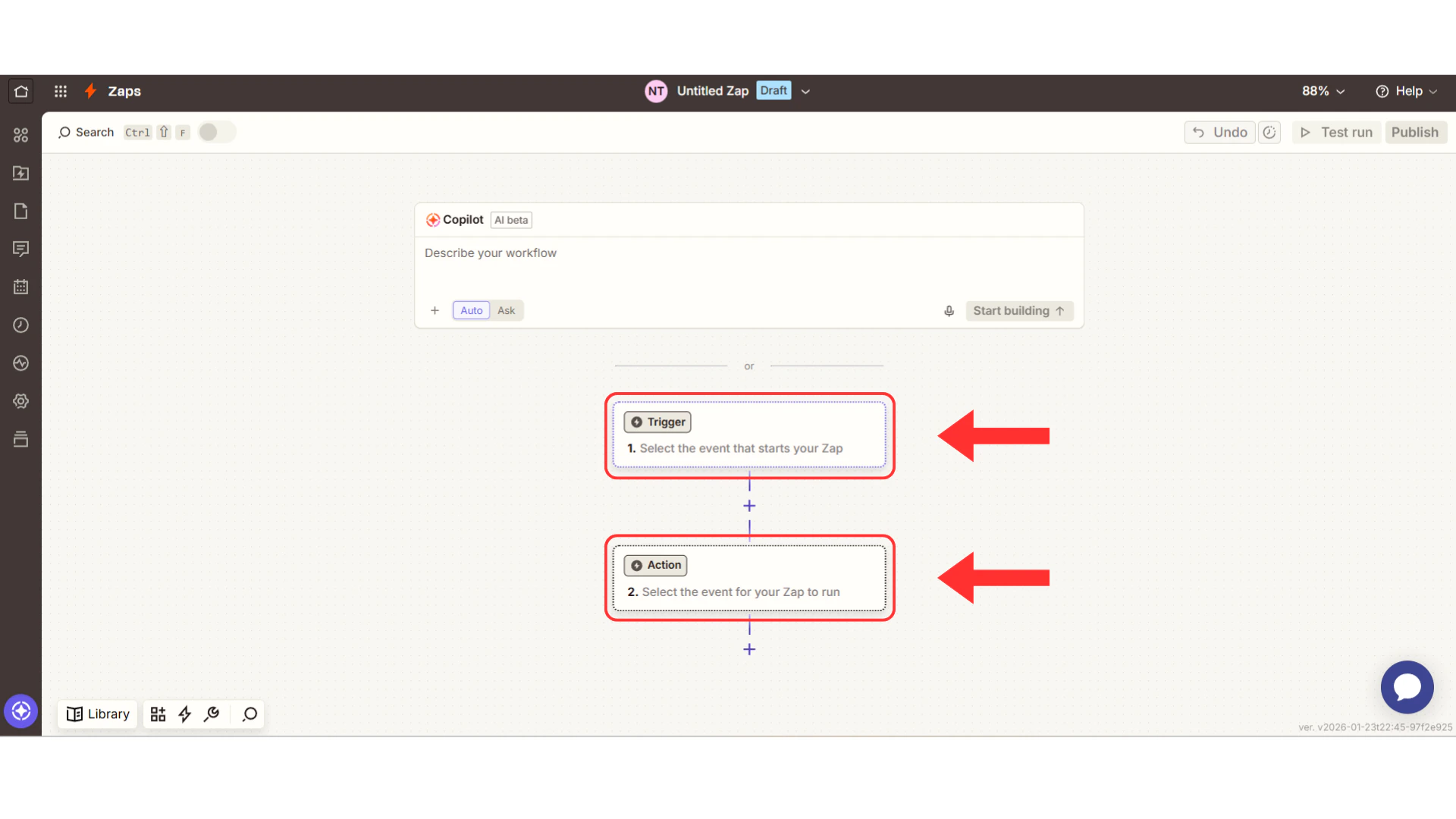 Empty Zap editor with two-panel layout