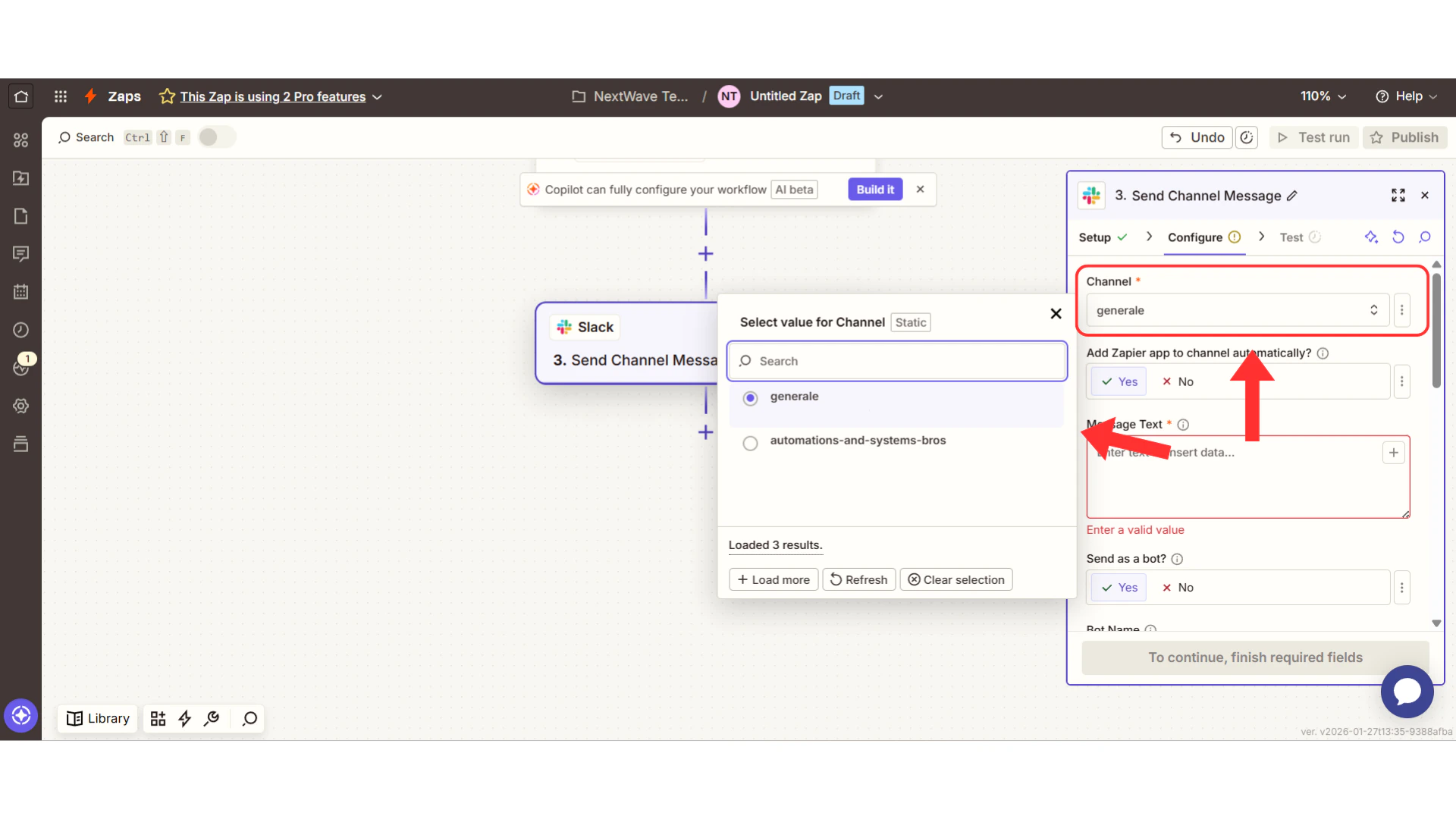 Slack channel picker dropdown